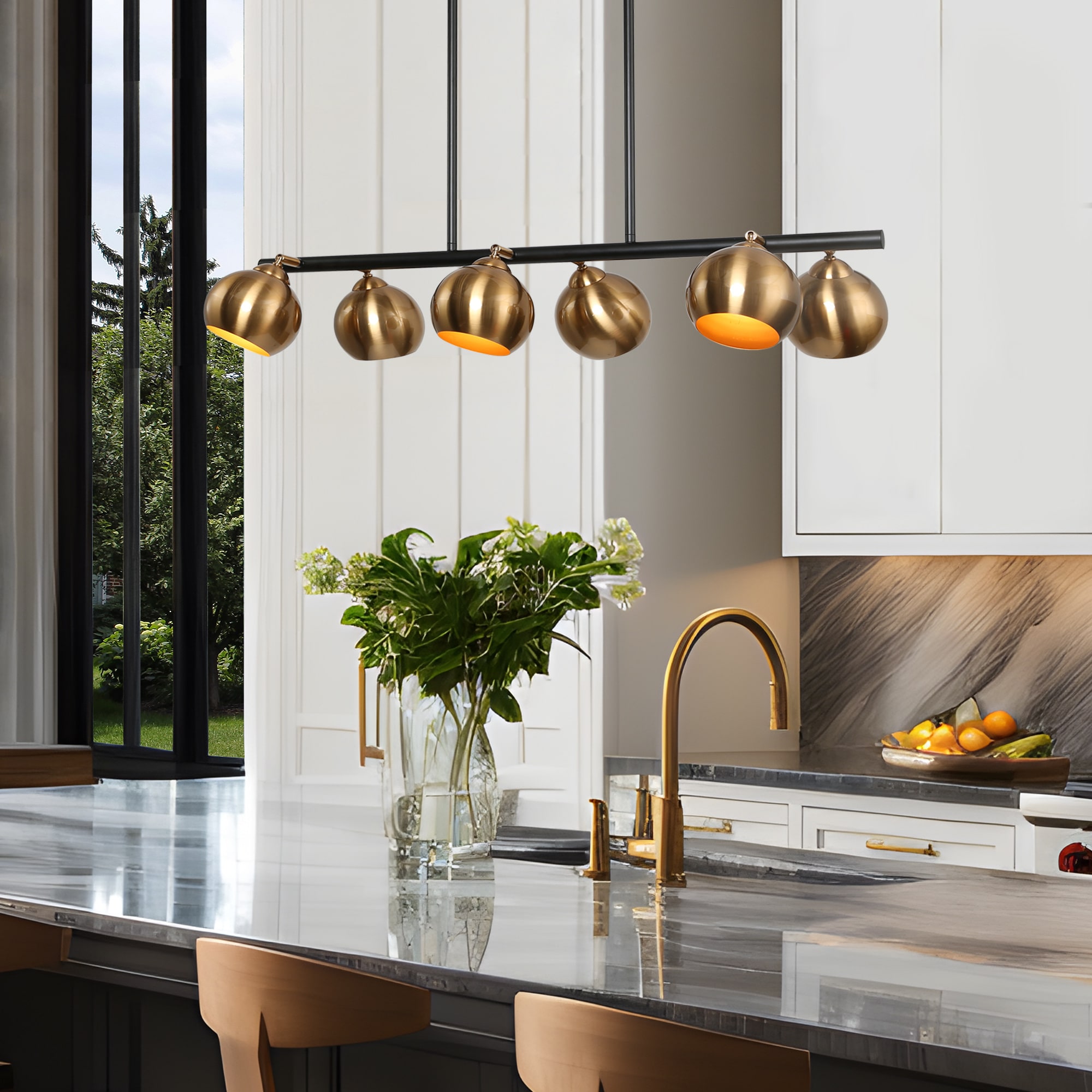 ZEVNI L3MAAEF3W4286SD7 Tedman 6 -Light Polished Brass and Black Mid-century Linear Large Hanging Kitchen island light