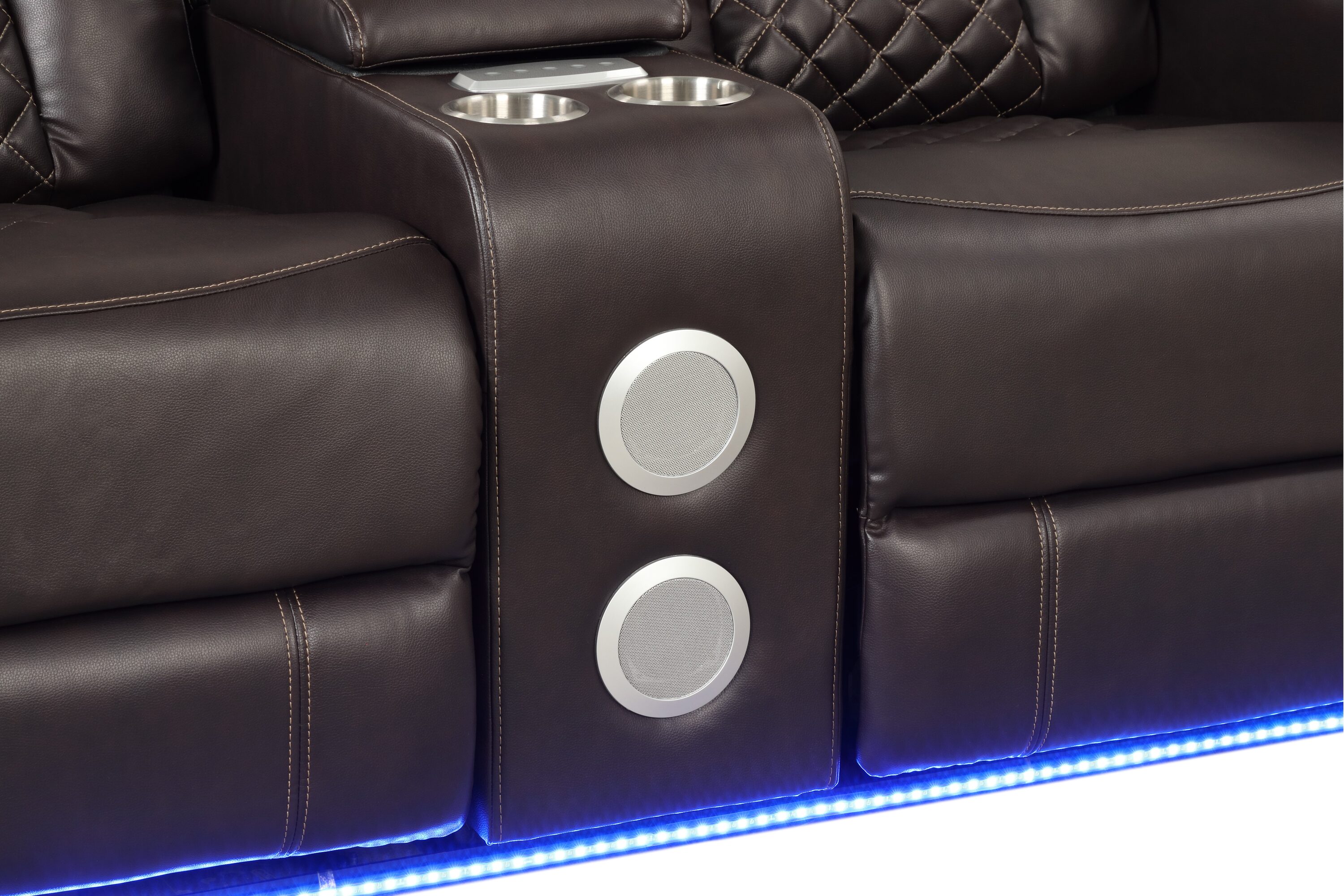 Brown Faux Leather Power Reclining Loveseat with LED Lights