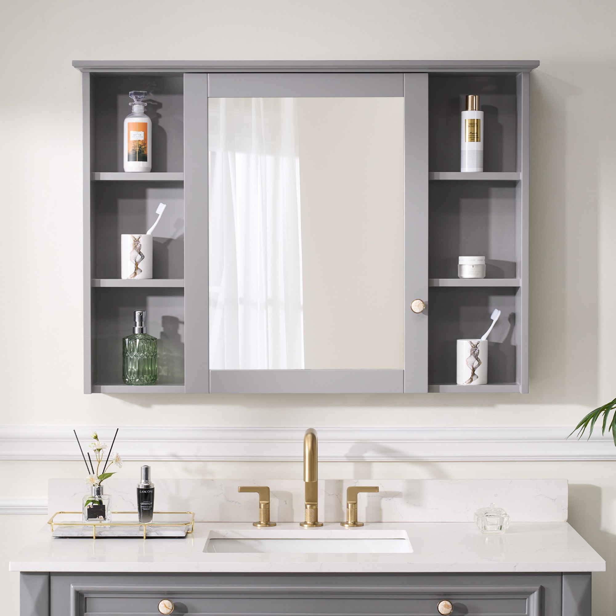 WELLFOR Solid Wood Medicine Cabinet 42-in x 30-in Surface Mount Gray ...