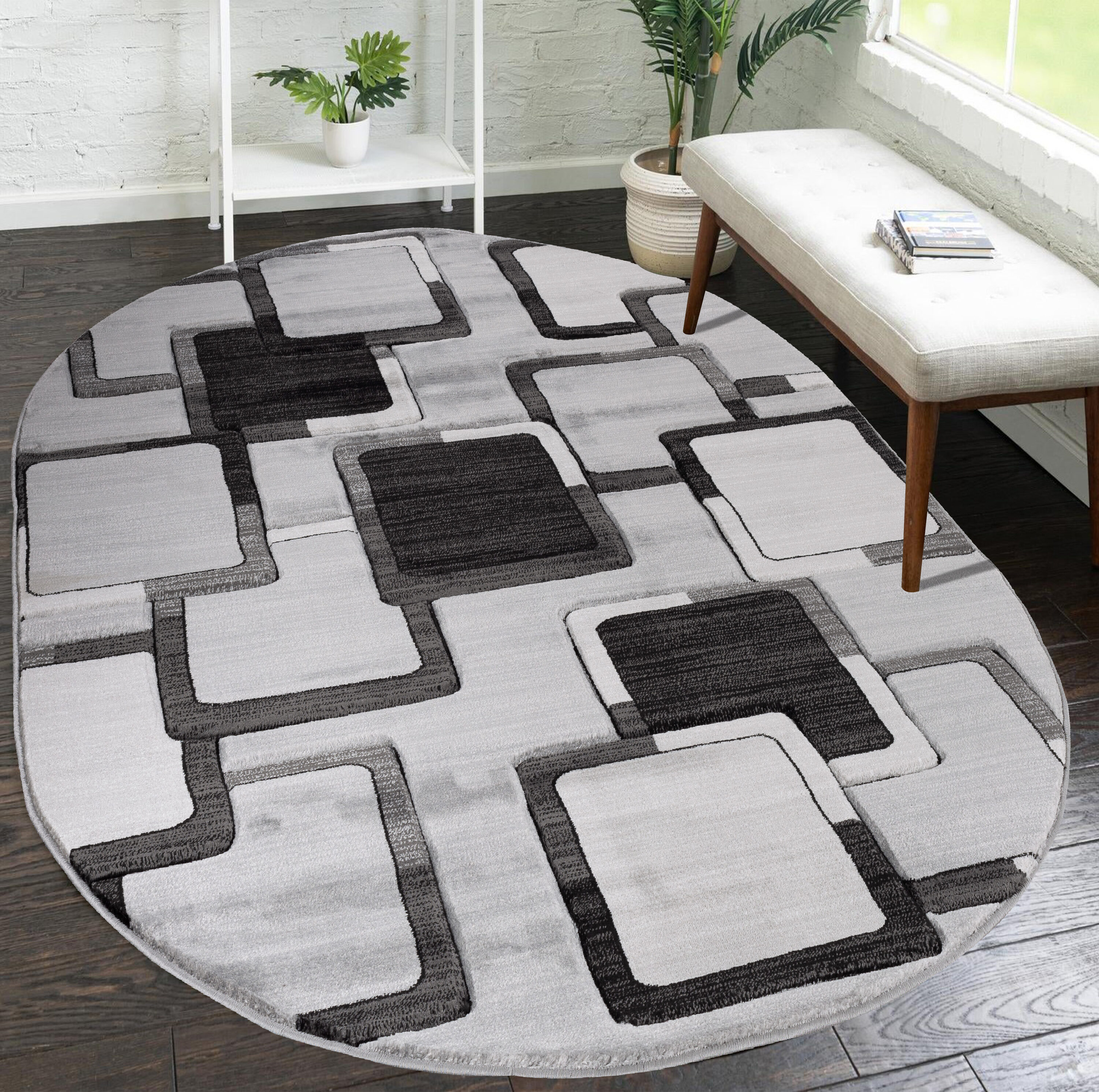 MDA Rugs Orelsi 5 X 8 (ft) Gray/Black/White Oval Indoor Abstract Area ...