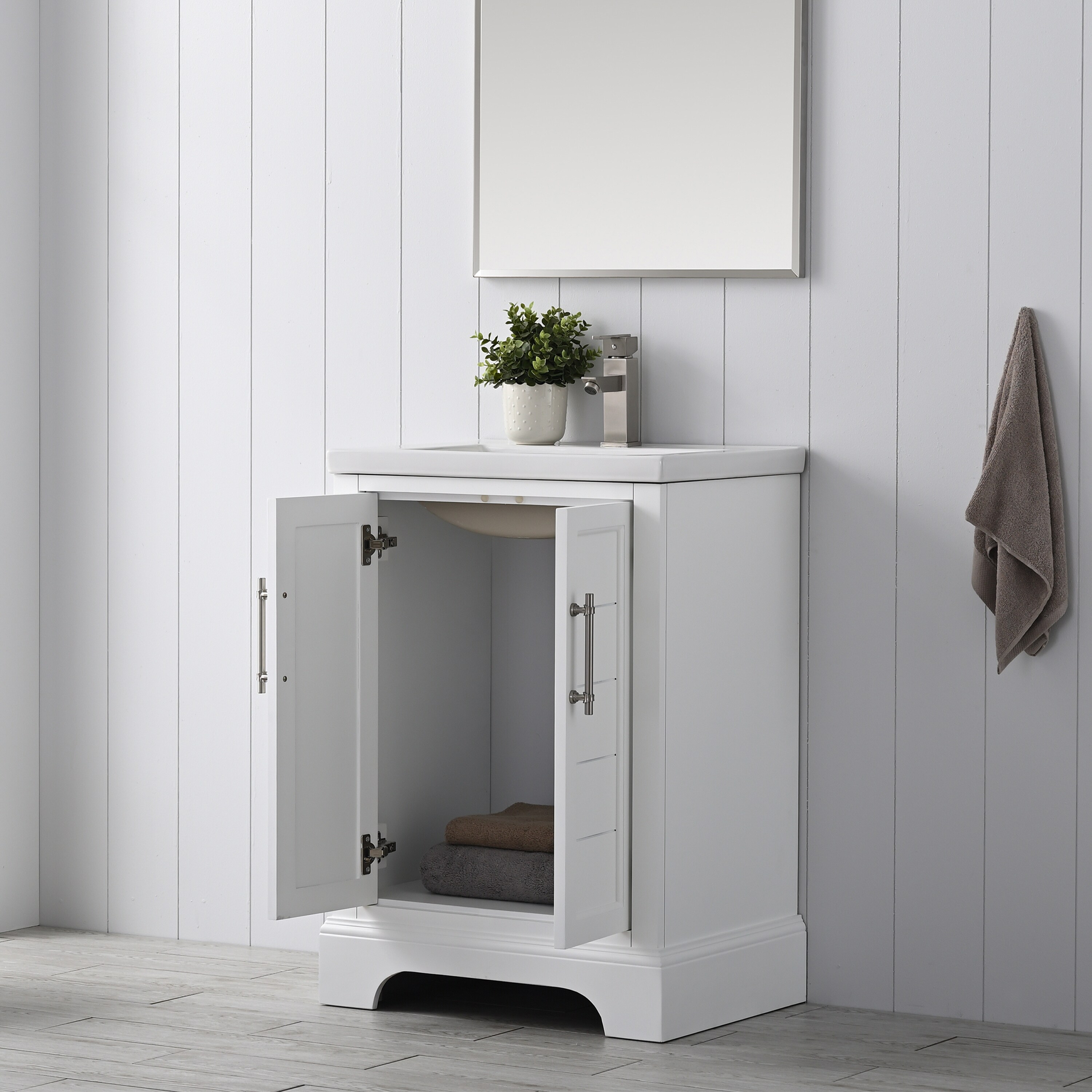 White Single Sink Bathroom Vanity with Ceramic Top, 24-inch