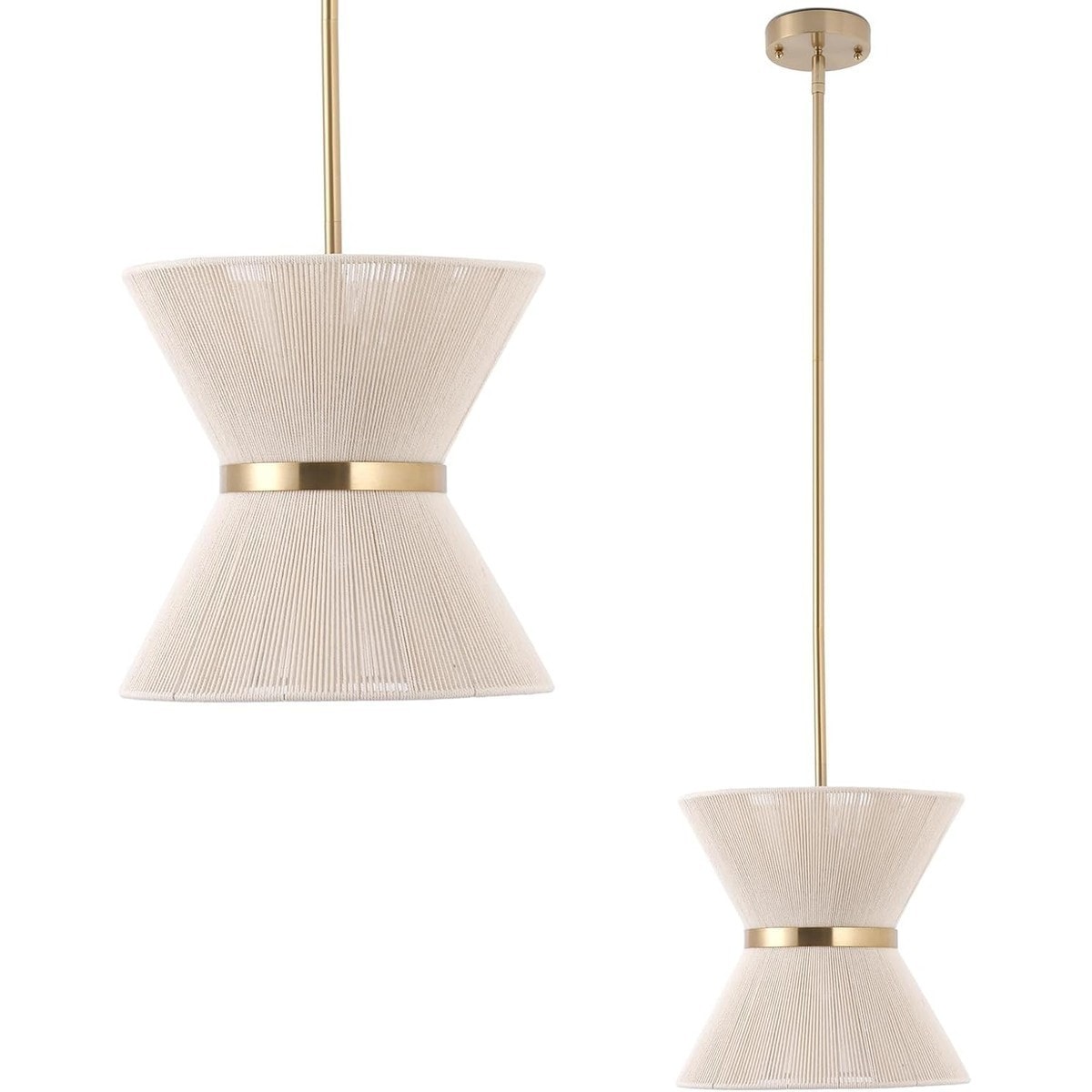 Pacrigo  2 Pack Rattan Pendant Light for Kitchen Island 12.2 Inch Handwoven Natural Rope Shade Boho Chandelier with Gold Metal Finish Adjustable Hanging Height for Dining Room and Living Room