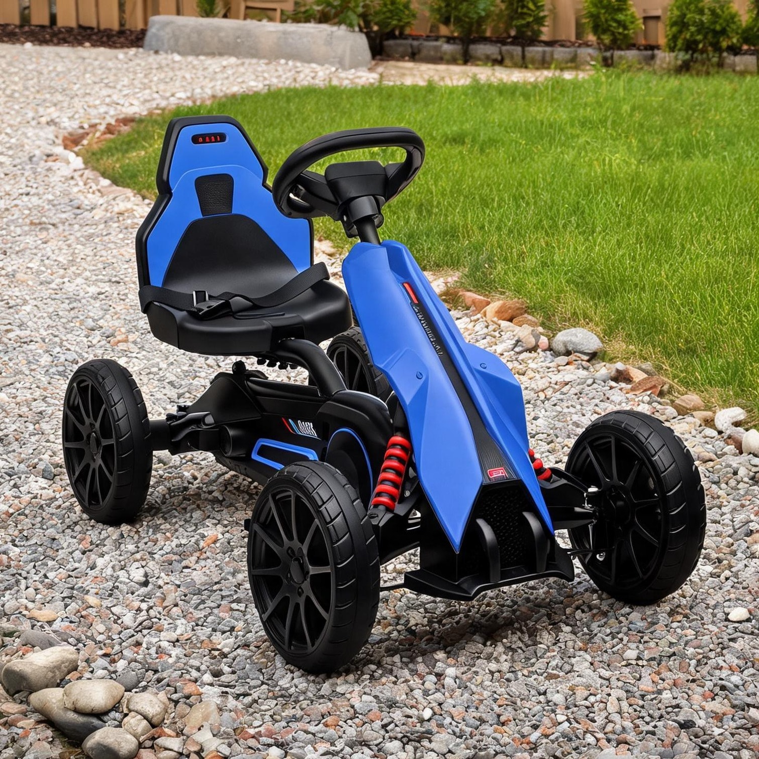 FlowLuxe Blue-toned pedal go-kart for kids with 4-position adjustable seat and swing axle outdoor ride-on