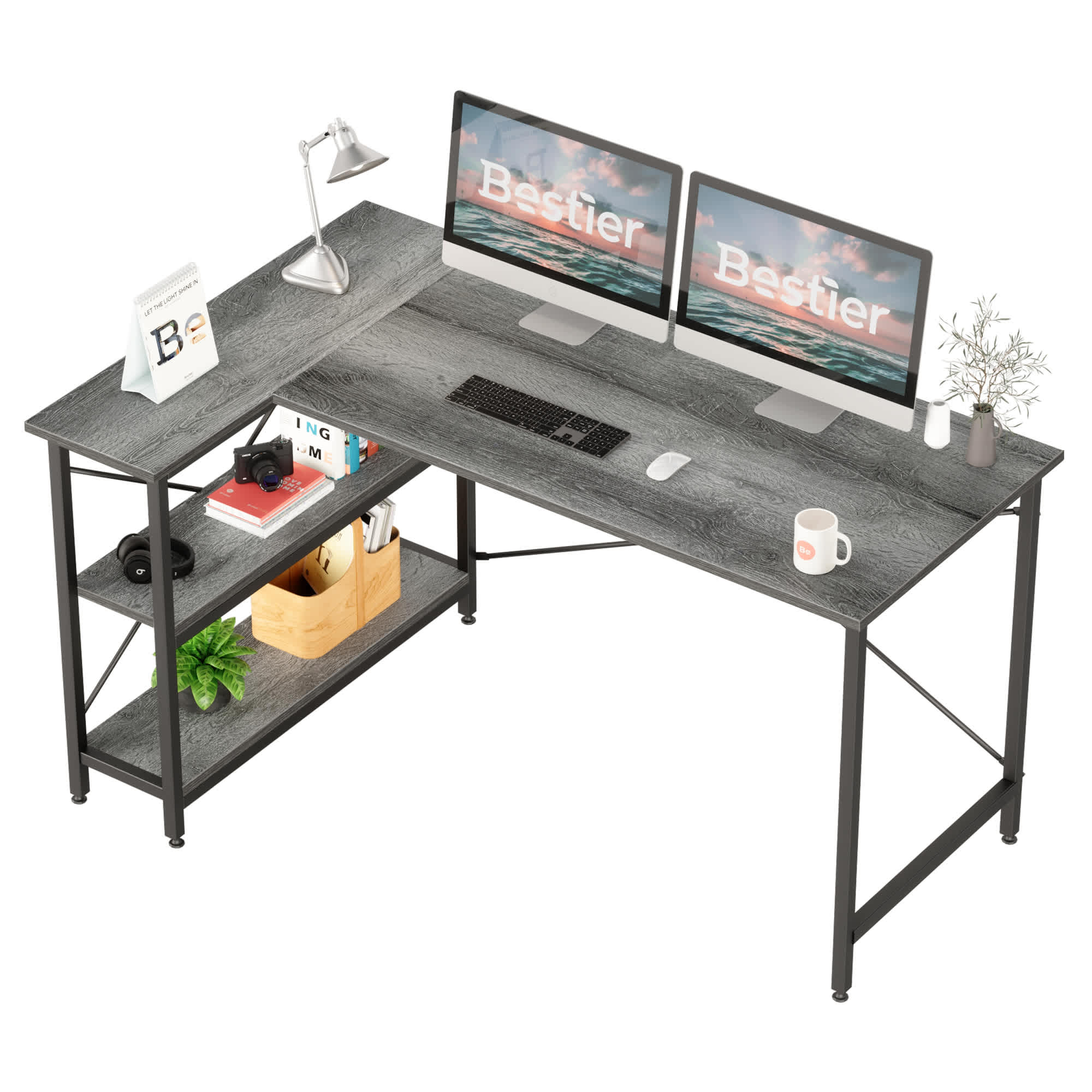 Bestier LOW-D244X-GRY 55.12-in W 2-Shelf Gray Computer Desk