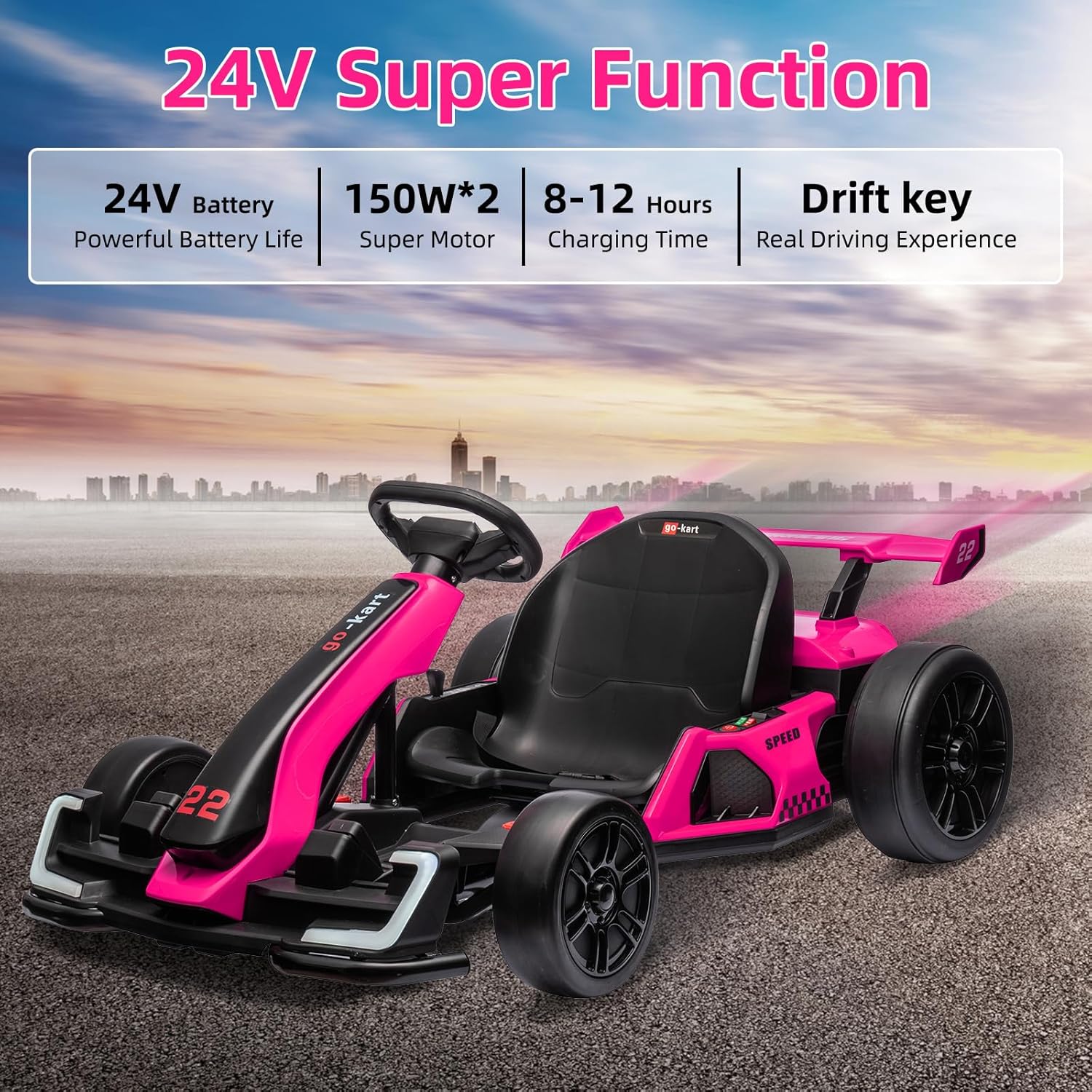 Garvee 24V Kids Electric Drift Kart 300W Powerful Motor 85MPH Big Battery EVA Tires Adjustable Length Drift/Sport Modes Brake Pedal Bright LED Lights