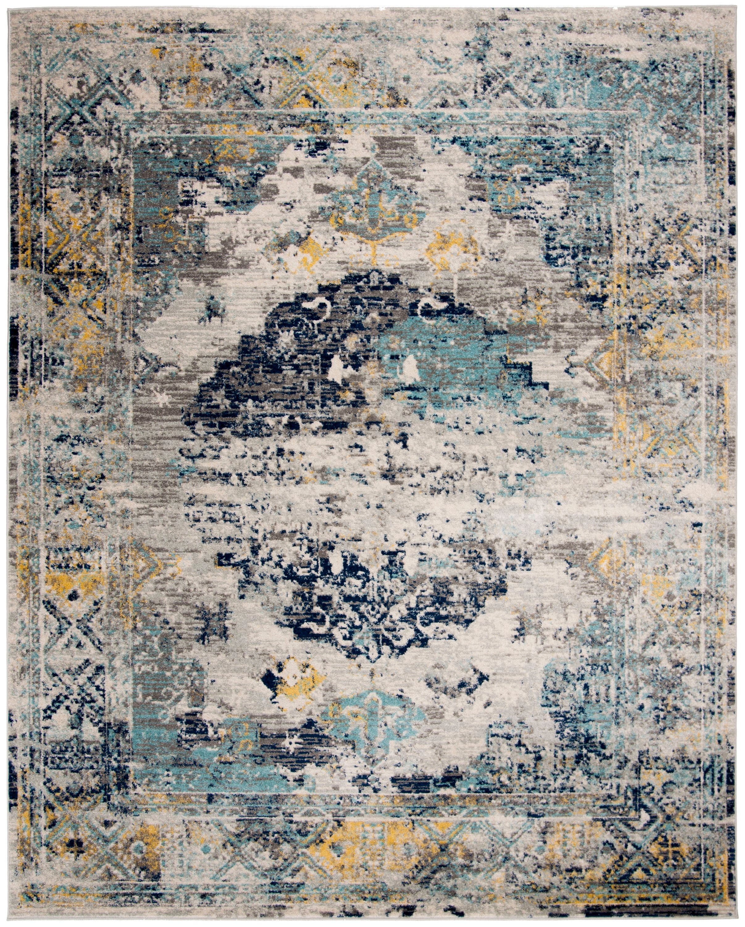 Blue and Gray Floral Motif Synthetic 9' x 12' Area Rug