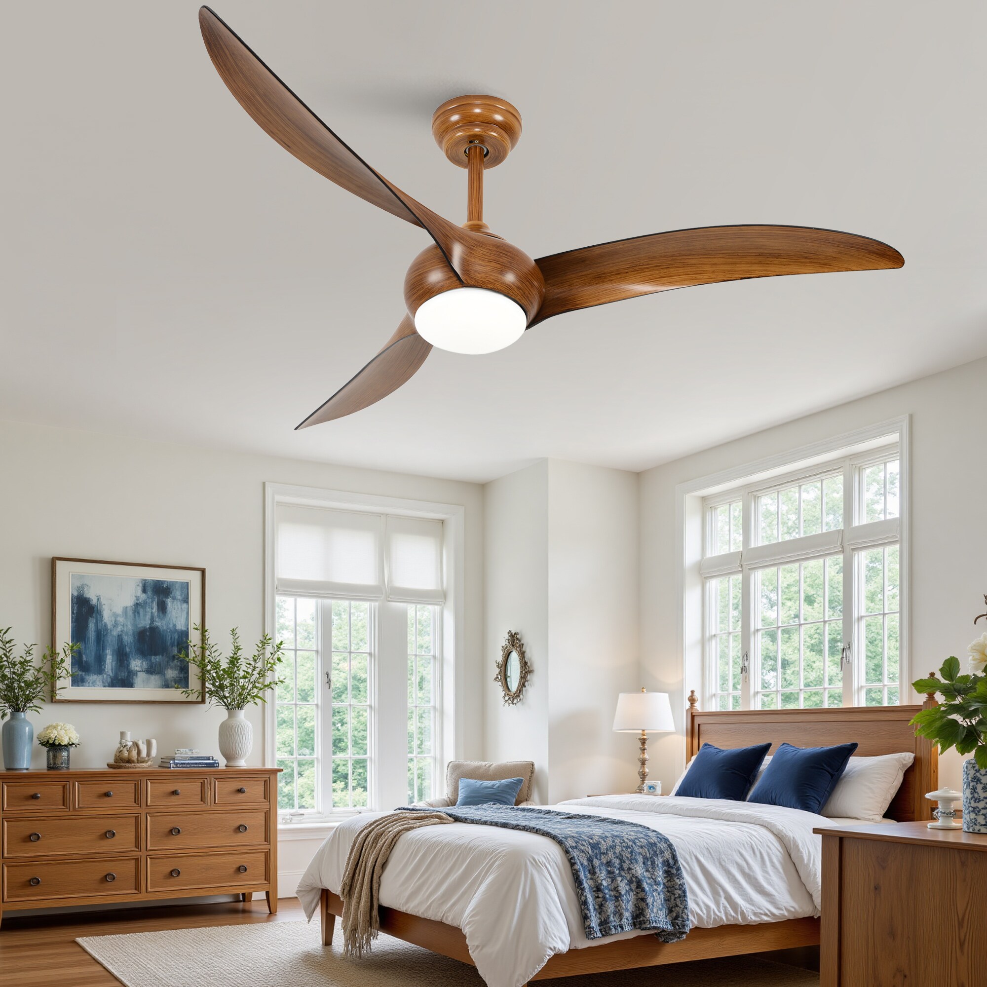 YOTOO 52 Inch Wood Grain Ceiling Fan With Light Three Curved ABS Blades DC Quiet Motor 6 Speeds Reversible Stepless Dimmable LED 3000K 6500K Two Downrods For Living Room Bedroom Farmhouse