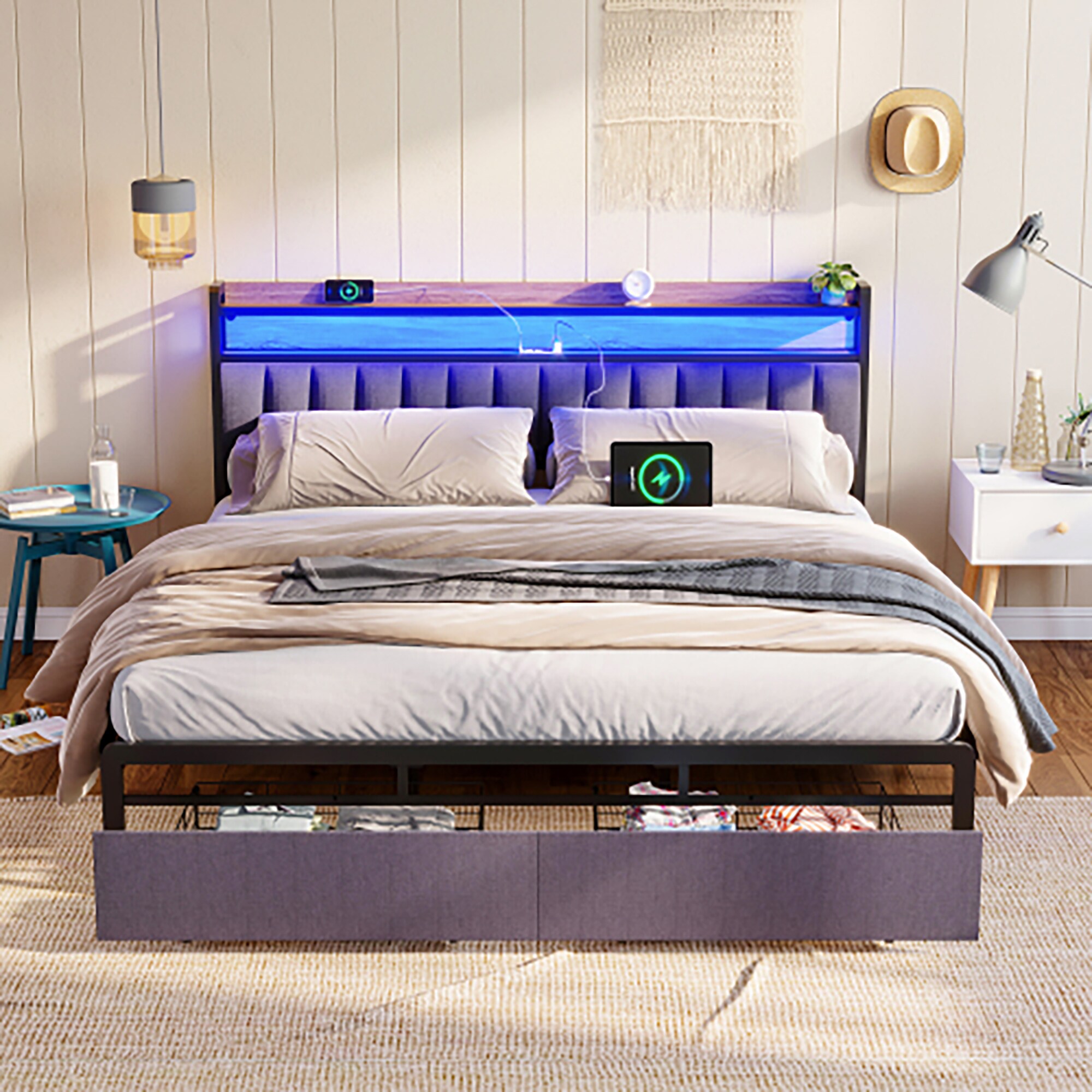 GZMR King Bed Frames with Storage Headboard and Drawers Gray King Metal Bed Frame with Storage GZ WF1806K at Lowes