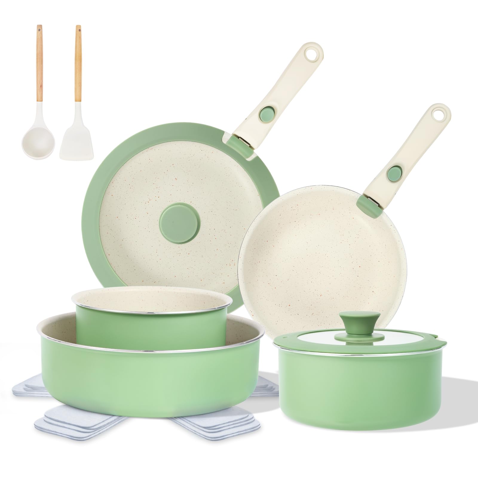 Aoibox  16 Piece Sage Green Granite Nonstick Induction Cookware Set with Detachable Handles and Stackable Design