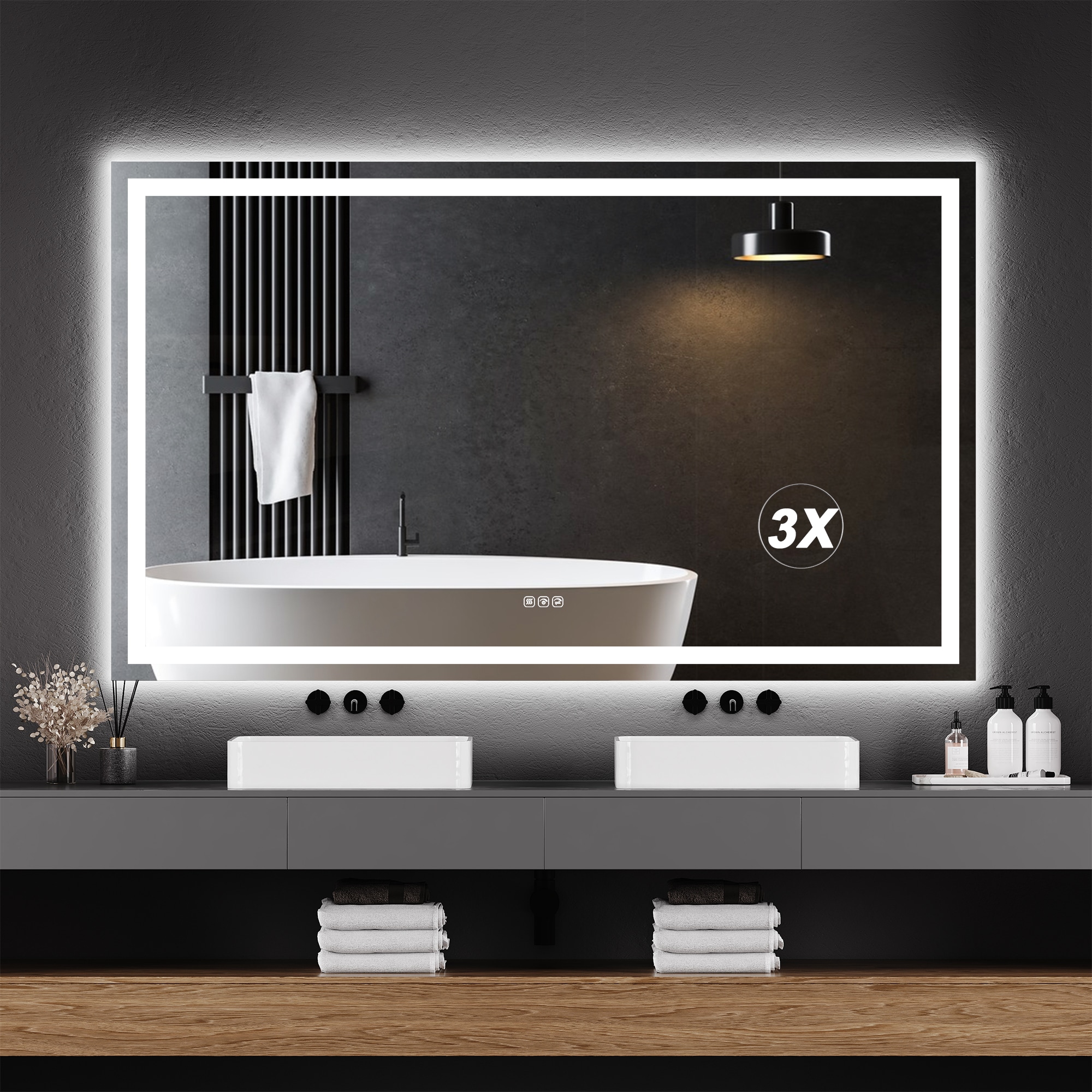 Garvee Front and Back LED Lit Bathroom Mirror Anti Fog Dimmable Memory Function Tempered Glass Horizontal Vertical Mount Vanity Mirror With 3X Mirror