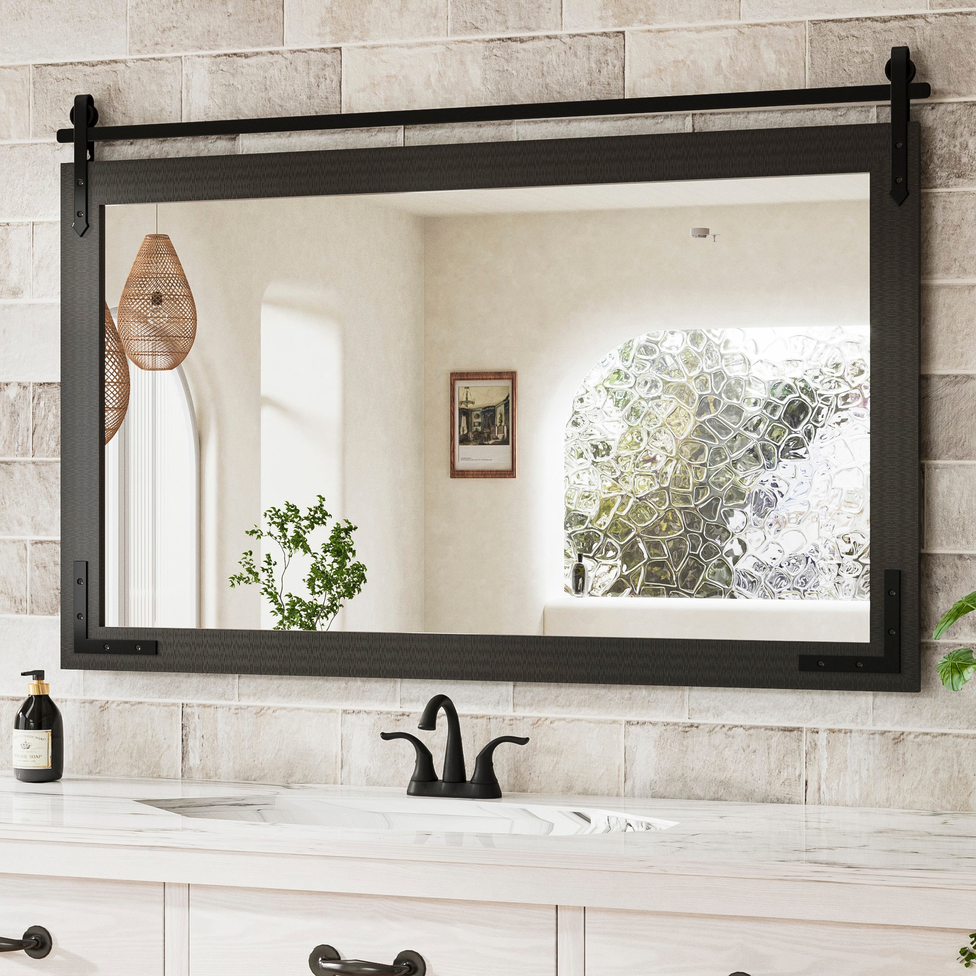 Keonjinn LW-GCJ-11476-BK Farmhouse Wall Mirrors 45-in W x 30-in H Rectangle Matte Black Framed Wall Mirror