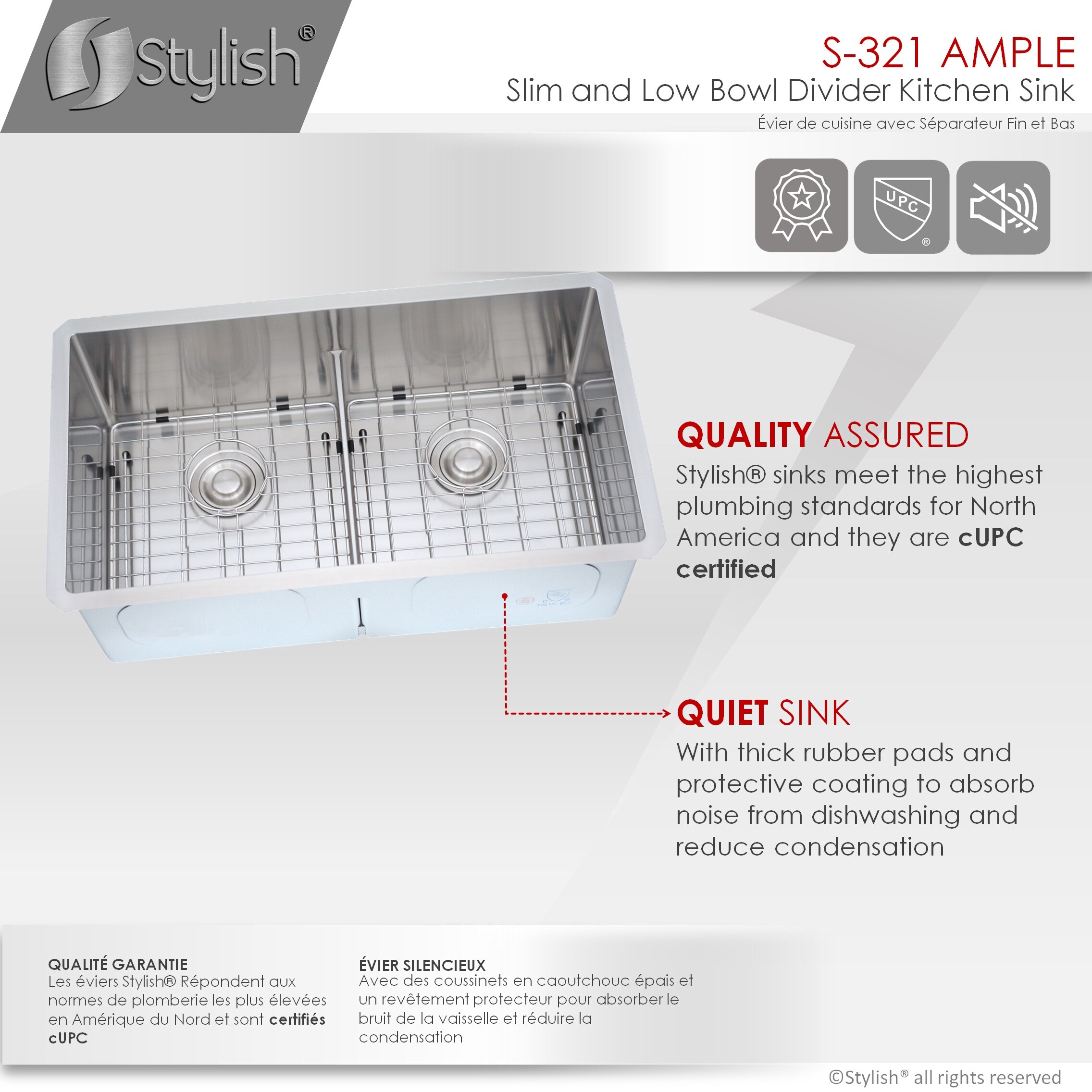 Stylish S-321XG 32 inch Slim Low Divider Double Bowl Undermount Stainless Steel Kitchen Sink