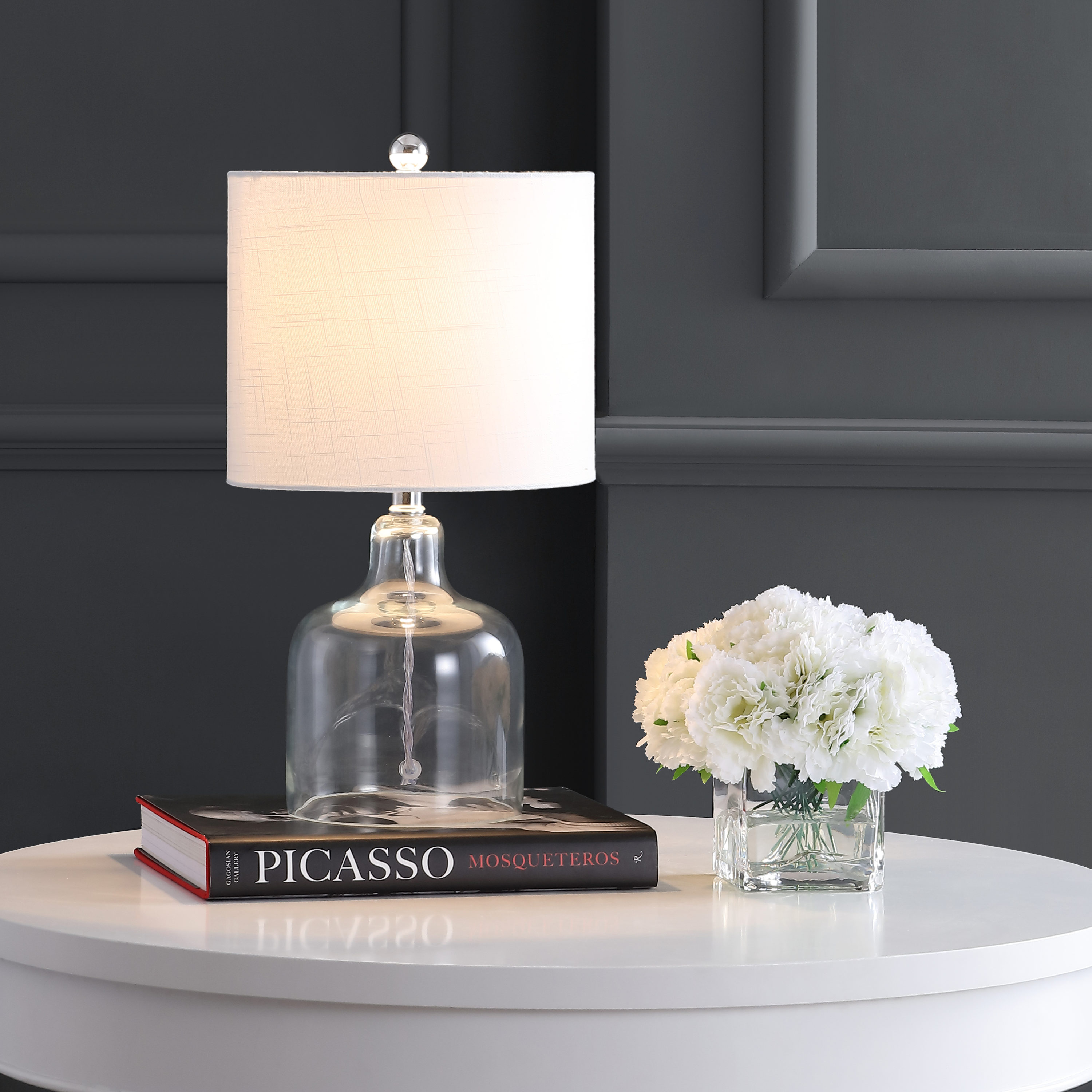 JONATHAN  Y JYL1036C Gemma Glass Bell Coastal/Minimalist 19-in Clear LED Incandescent Rotary socket Table Lamp with Linen Shade