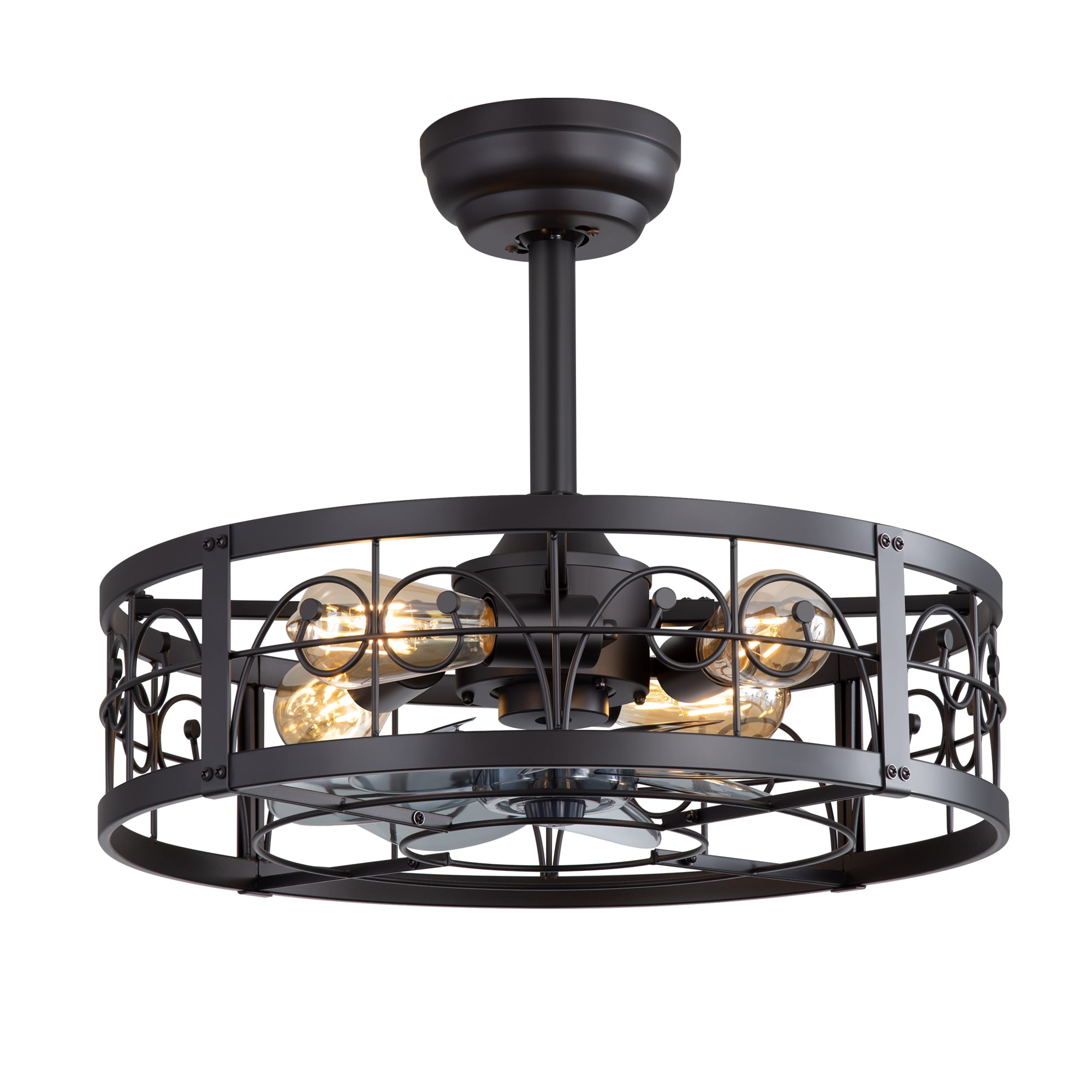 Flashwind 20-in Matte Black with Gray ABS Blades Caged Ceiling Fan With E26 Light Kit and Remote Control Included 7-Blade