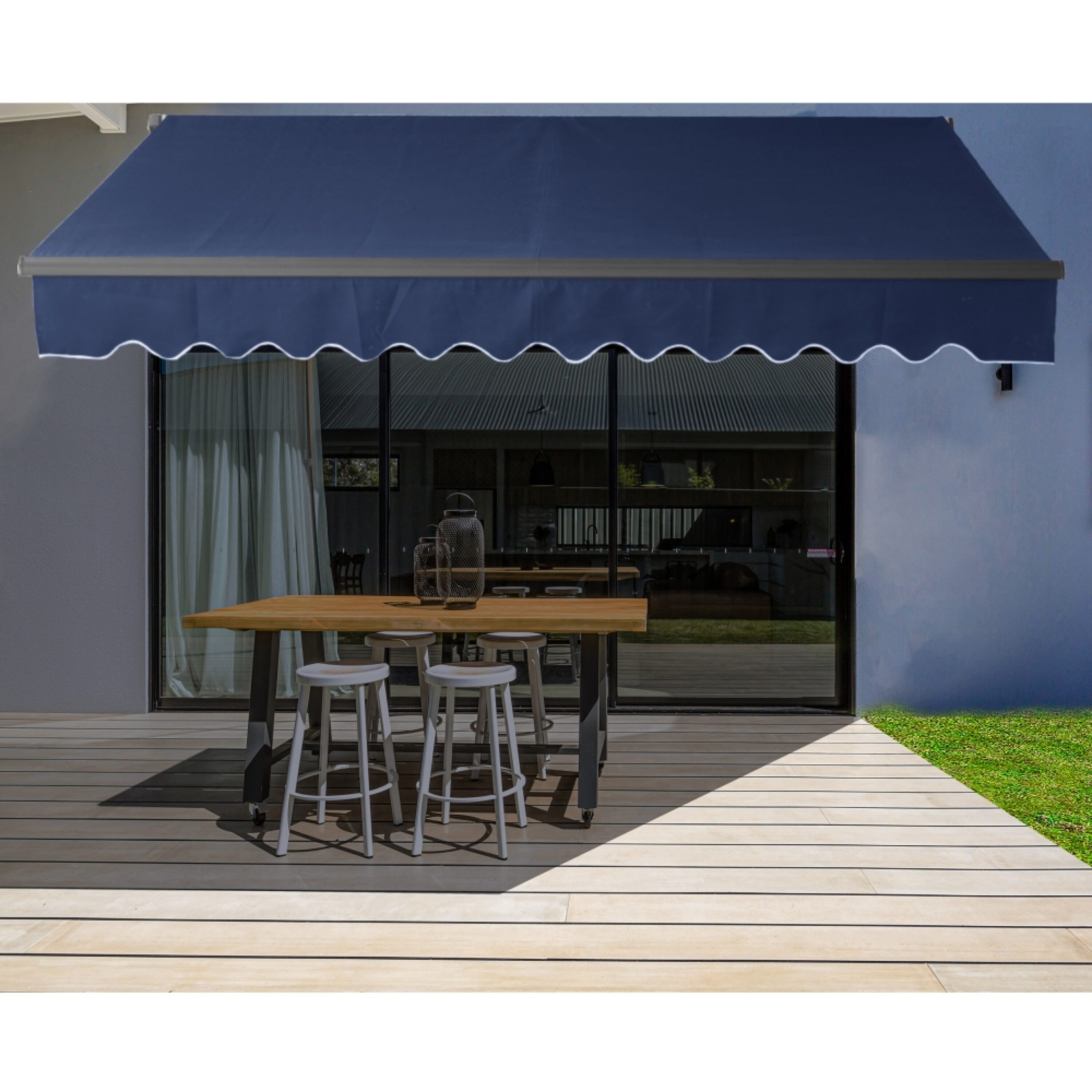 240-in Wide x 120-in Projection x 10-in Height Metal Blue Solid Motorized Retractable Patio Awning Polyester | - ALEKO ABM20X10BLUE30-LO