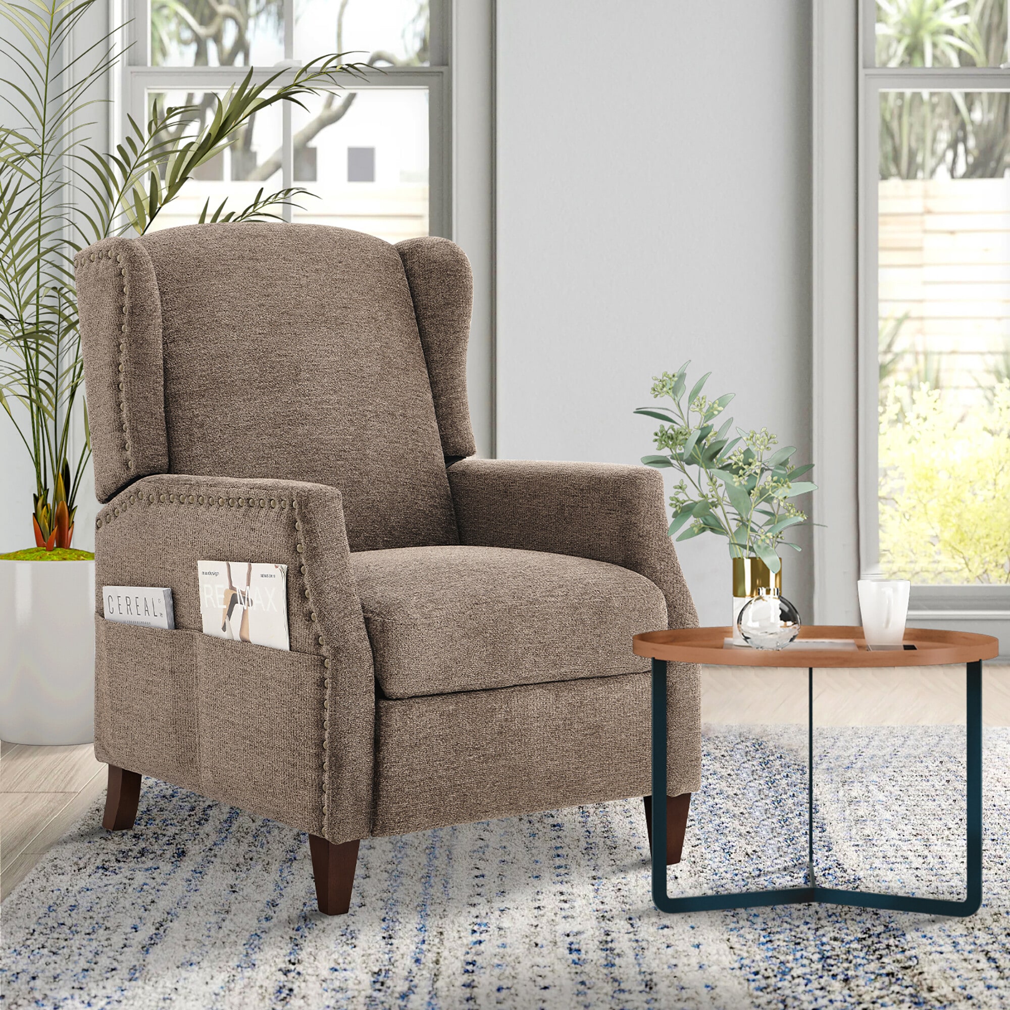 ViviHav - Light Brown Fabric Push-Back Recliner Chair with Nailhead Trim and Storage Pockets