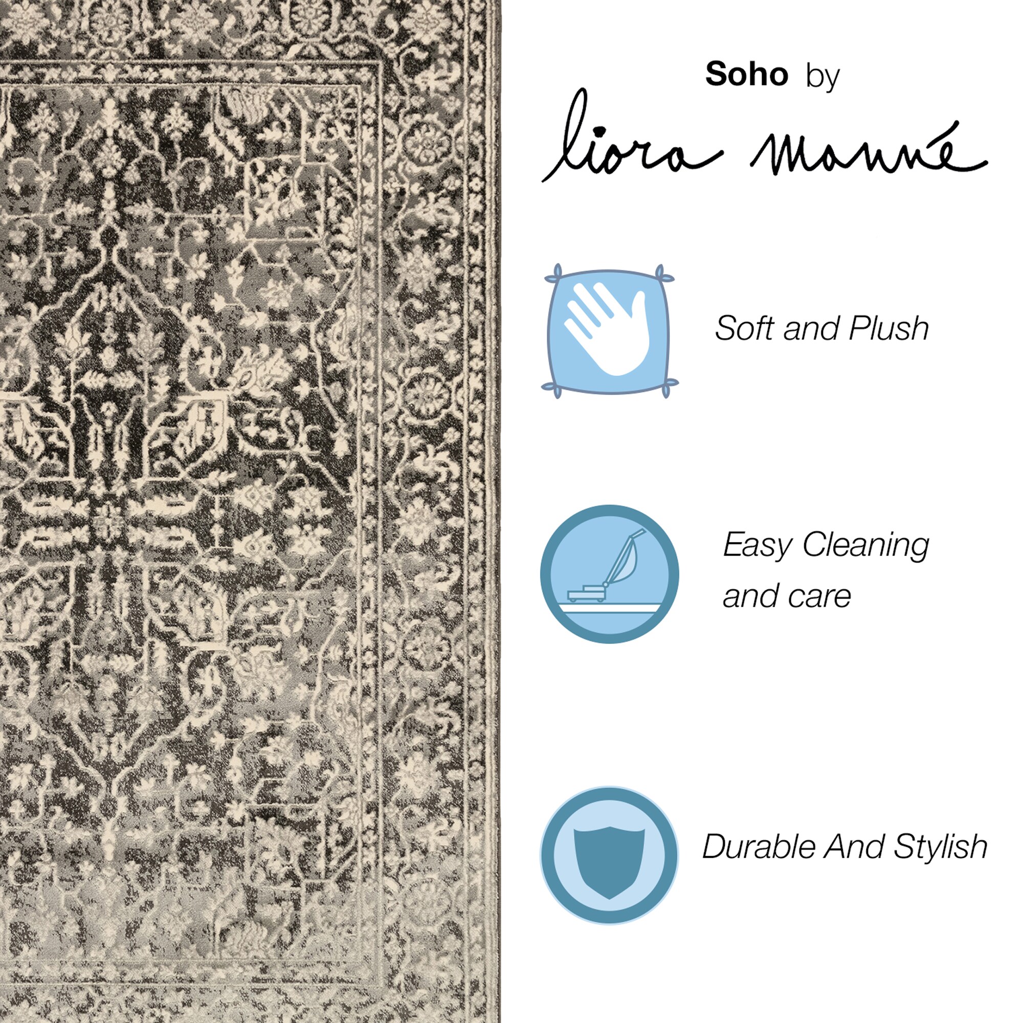 Soho Heriz Black Medallion 6' x 9' Easy Care Synthetic Rug