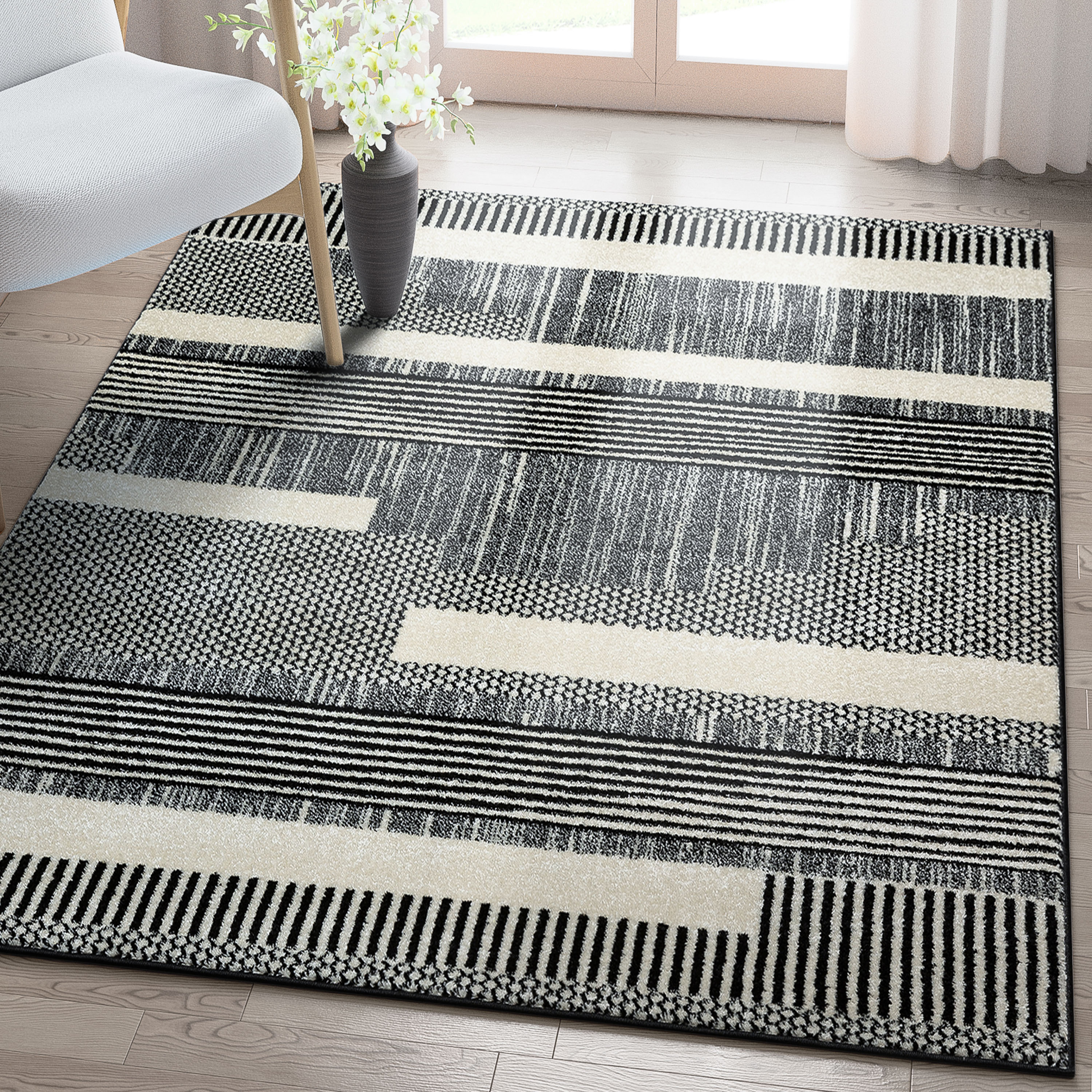 Well Woven MC-445-5 Mystic 5 x 7 (ft) Polypropylene Black Dark Grey Rectangular Indoor Tribal Global Area rug