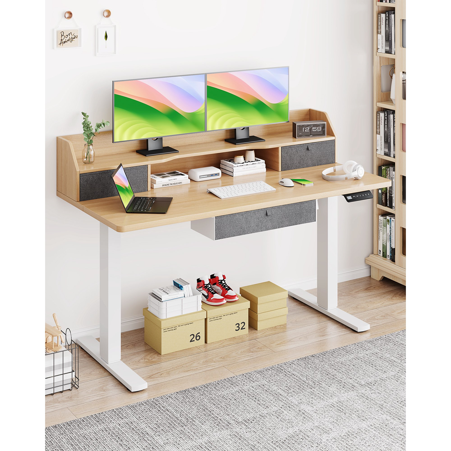 Vineego Electric Standing Desk Height Adjustable Office Desk with 55” x  27.5” Tabletop Home Office Workstation, Beige Finish 