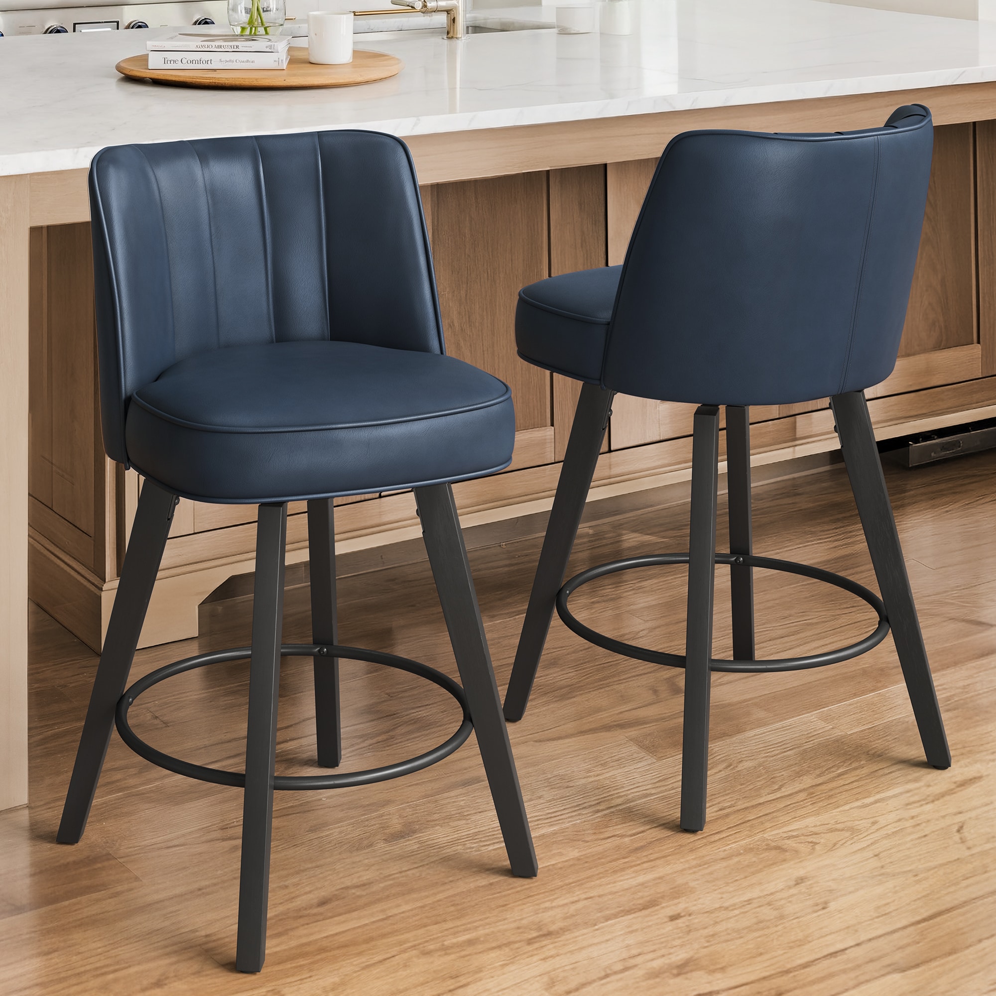 LUE BONA YB-162-03LS Set of 2 Blue/Faux Leather 26.2-in H Counter height (24-in to 27-in) Square Seat Upholstered Swivel Wood Back Bar Stool Back