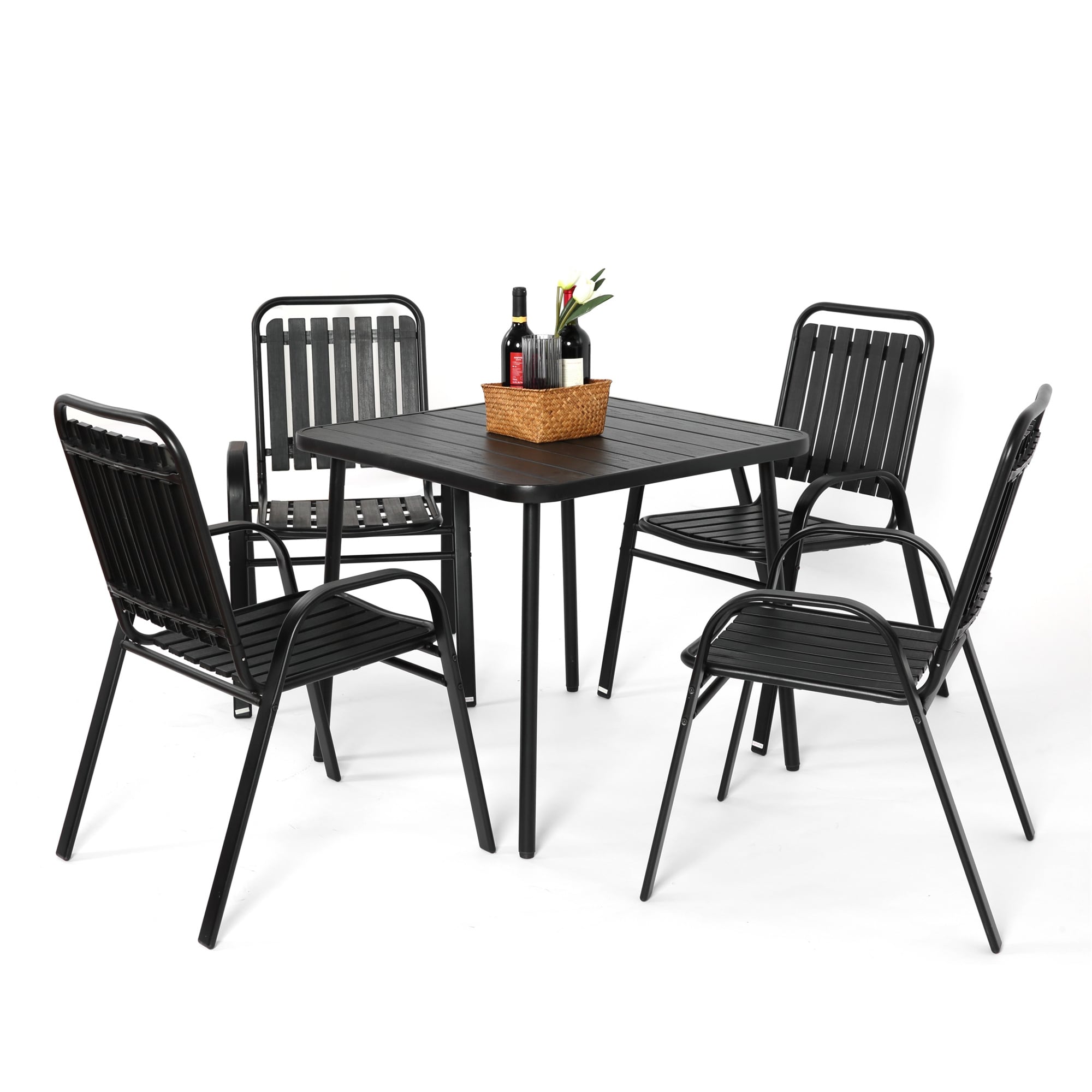 BABOOM BOM-P174236-OR 5-Piece Outdoor Dining Set 5 -Piece Black Patio Dining Set Steel Square Table with 4 Stationary Chairs