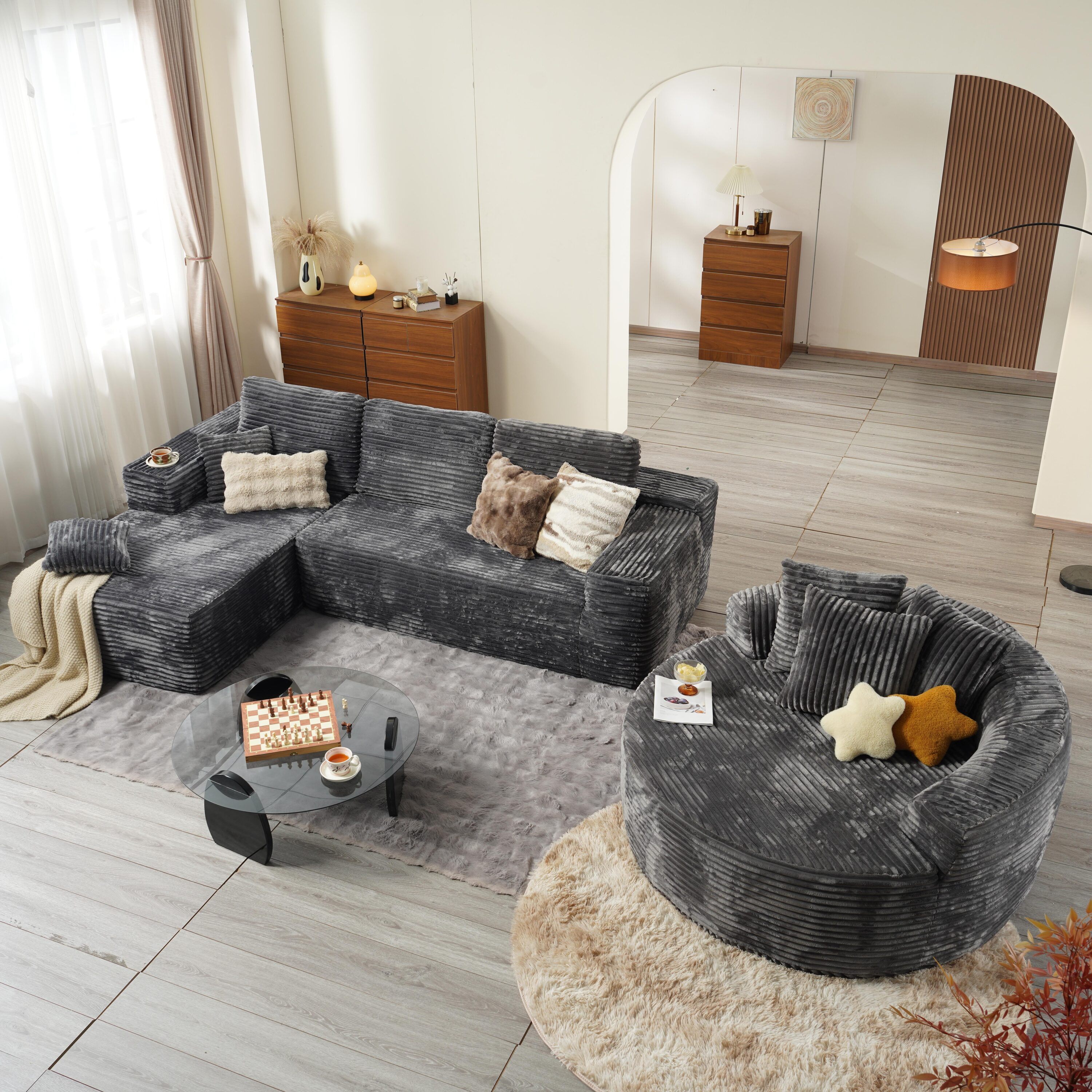 Pouuin SVI-MU910 106.2-in Modern Gray Long Plush Sectional