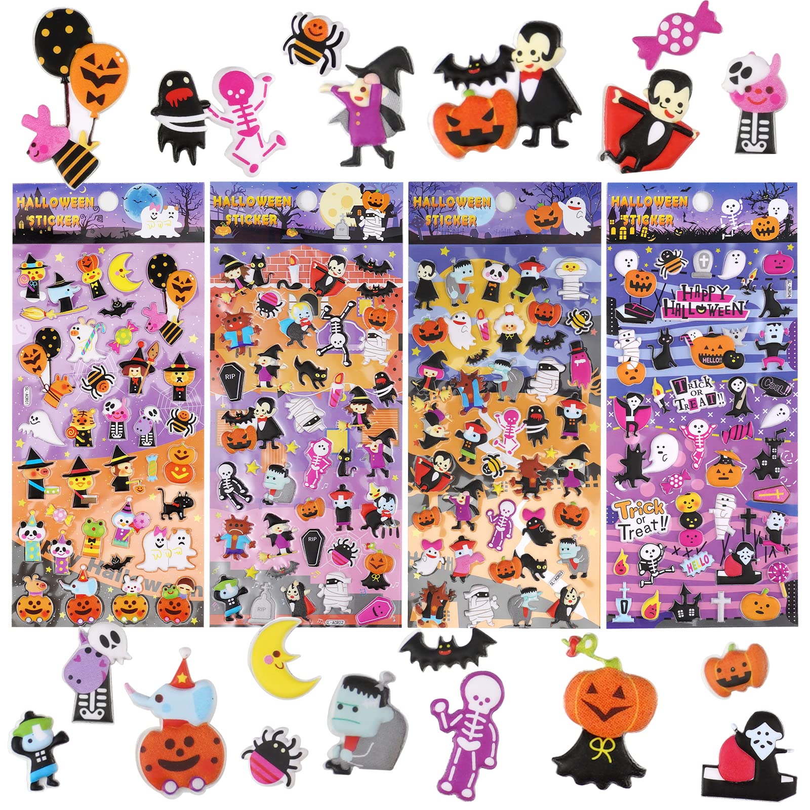 Oyezvary  Puffy Halloween Stickers for Kids Toddlers 3D Foam Sticker Sheets Self Adhesive Mini Halloween Stickers for Treat Bags Crafts 4 Pack
