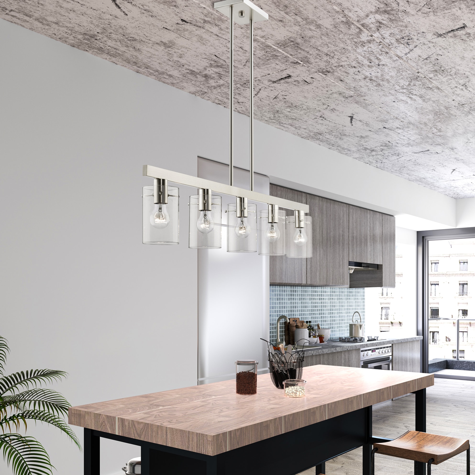 Munich Collection Brushed Nickel 5-Light Linear Chandelier with Clear Glass