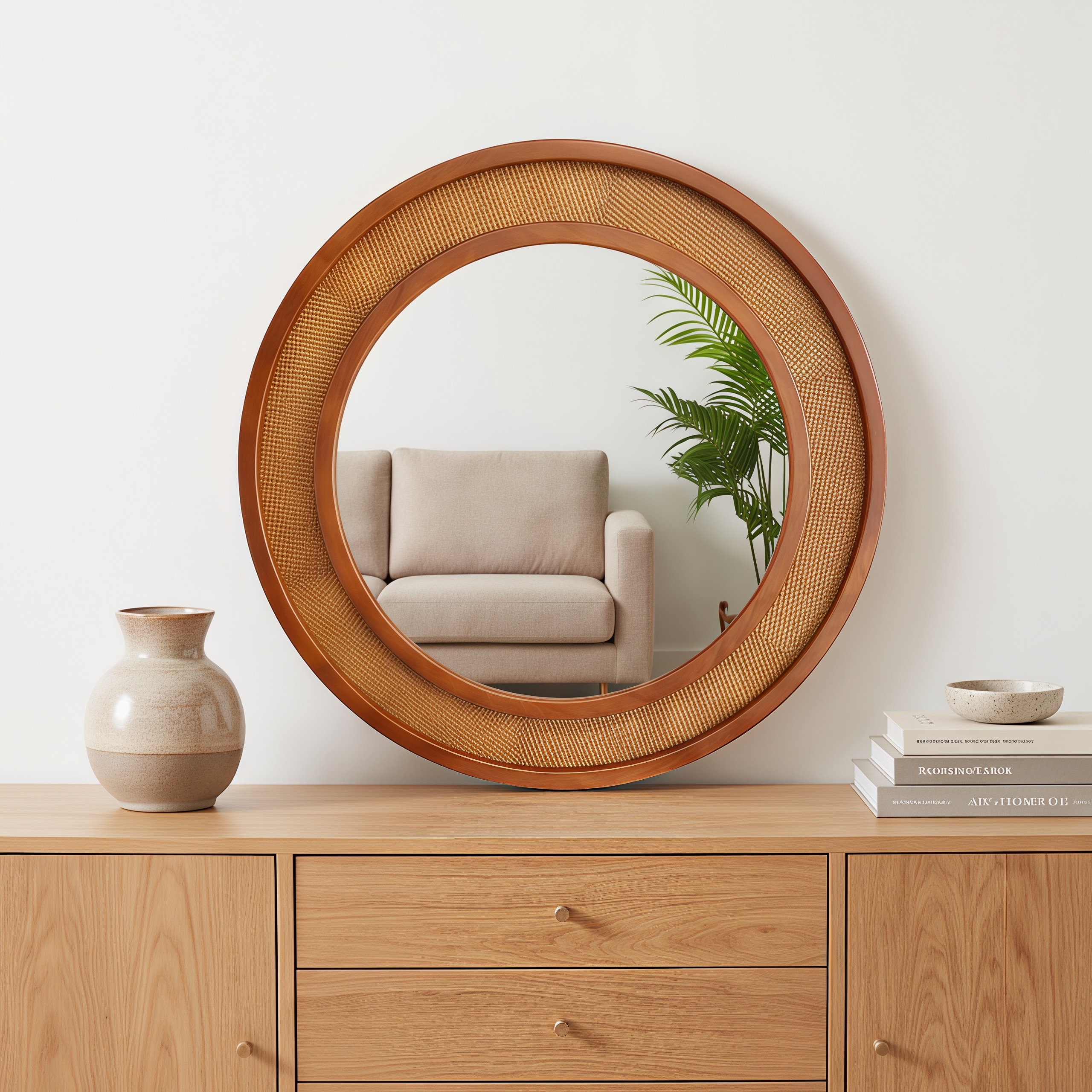 Cenadinz 24 Inch Round Rattan Wall Mirror with Solid Wood Frame Black Walnut Finish Farmhouse Accent Mirror for Bathroom Entryway and Home Decor