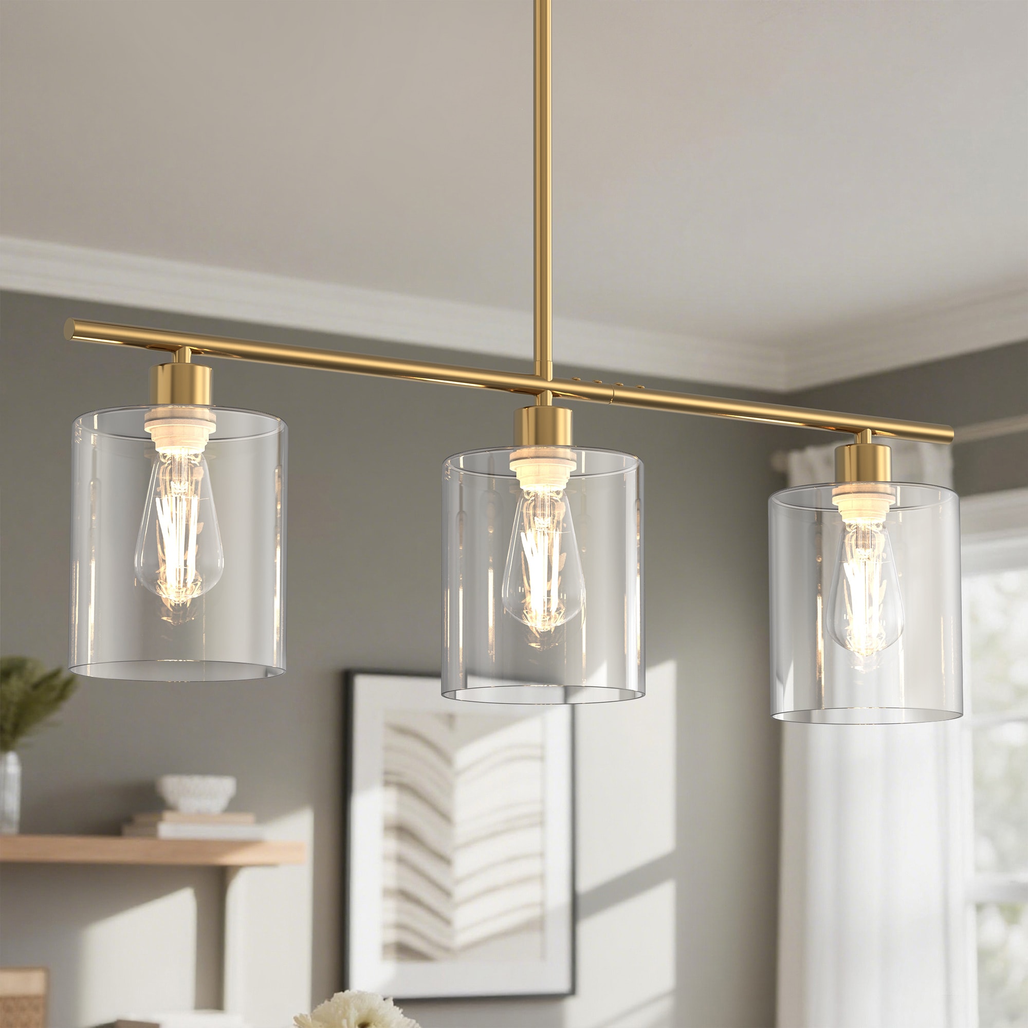 DORESshop 47 in Gold 3 Light Pendant Light with Clear Glass Cylinder Shades Adjustable Up to 47 in E26 Base (Bulbs Not Included) for Kitchen Island or Dining Room