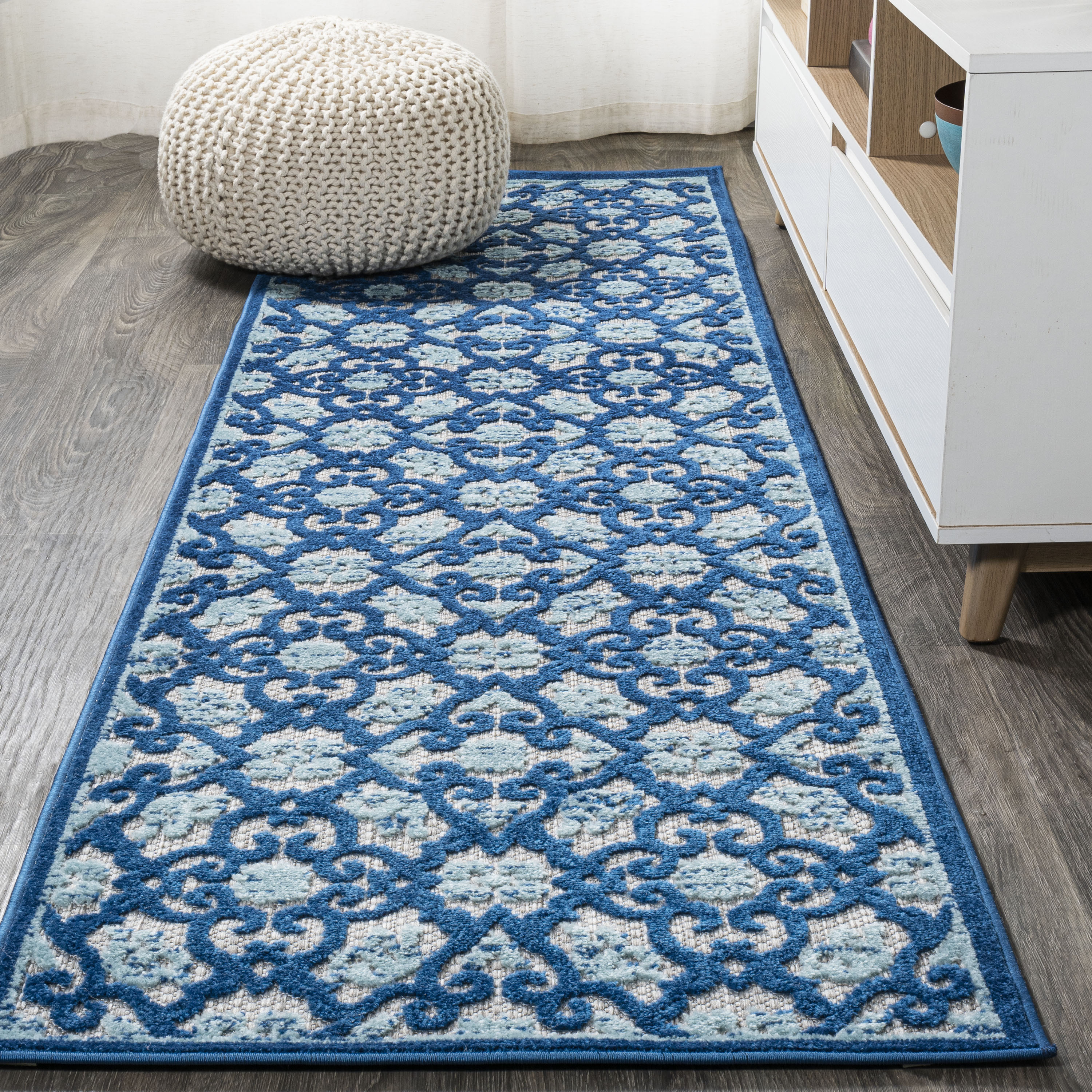 JONATHAN  Y AMC107B-28 Amalfi Coast Gallia Tile High-Low 2 x 8 (ft) Loomed Polypropylene Light Gray/Blue Rectangular Indoor/Outdoor Trellis Coastal Runner rug