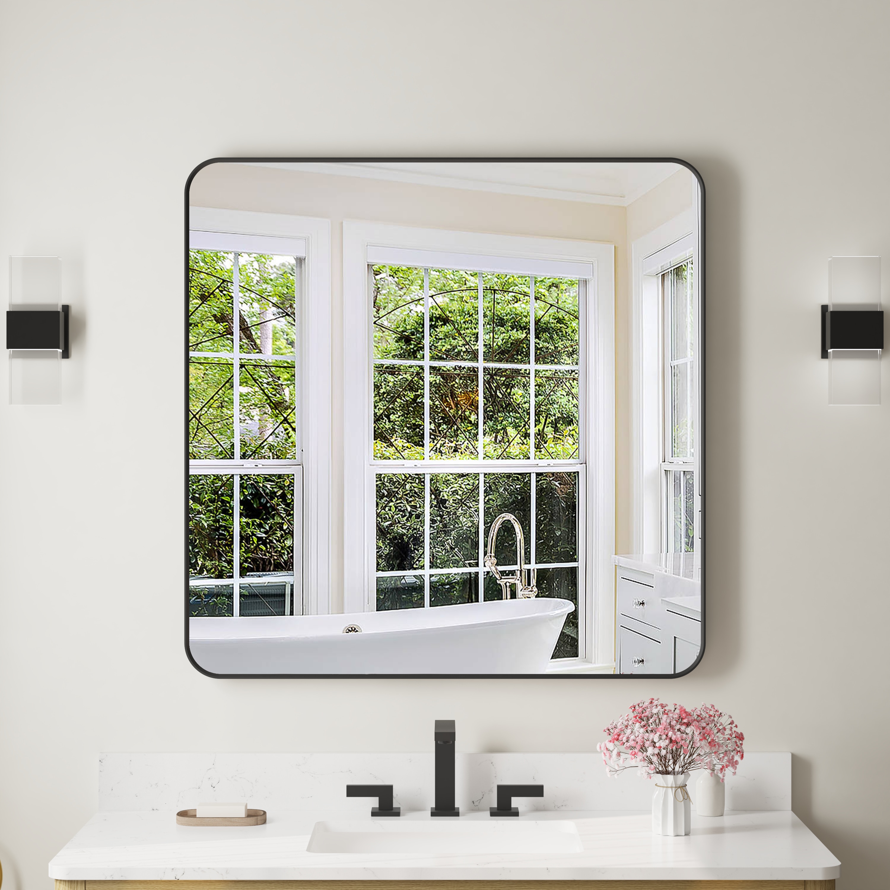 WELLFOR F1MR3636MB Bella 36-in x 36-in Framed Square Bathroom Vanity Mirror ( Matte Black )