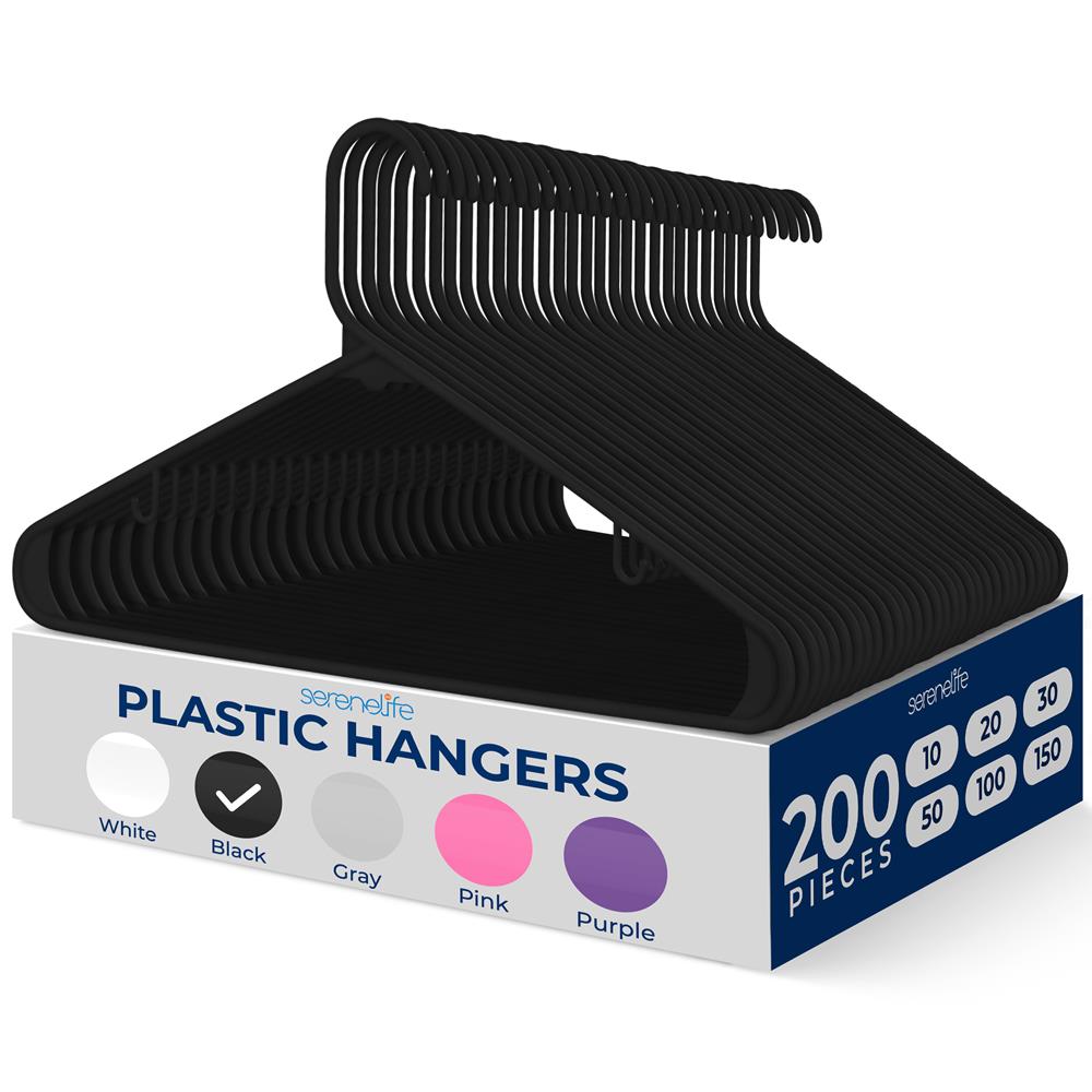 SereneLife SLHPLBLK200 200 Pack Plastic Hangers NonSlip SpaceSaving Closet Organizers Durable and Strong for Shirts Sweaters Hoodies Kids Clothes and Dresses UltraThin Lightweight