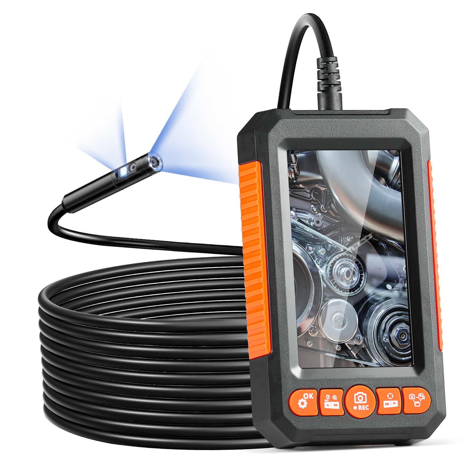 VEVOR SCFXKQXNKJDP05852V9 Endoscope Camera with Light  Dual Lens Industrial Borescope  4.3in Screen 1080P Inspection Camera  8 + 1 Lights  4X Zoom  IP67 Waterproof Snake Camera for Auto  Plumbing (16.4FT Cable  32GB Card)