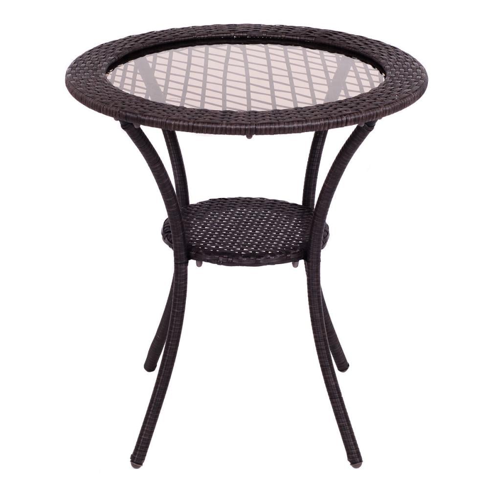 Clihome Round Wicker Outdoor Coffee, Outdoor Wicker End Table With Glass Top