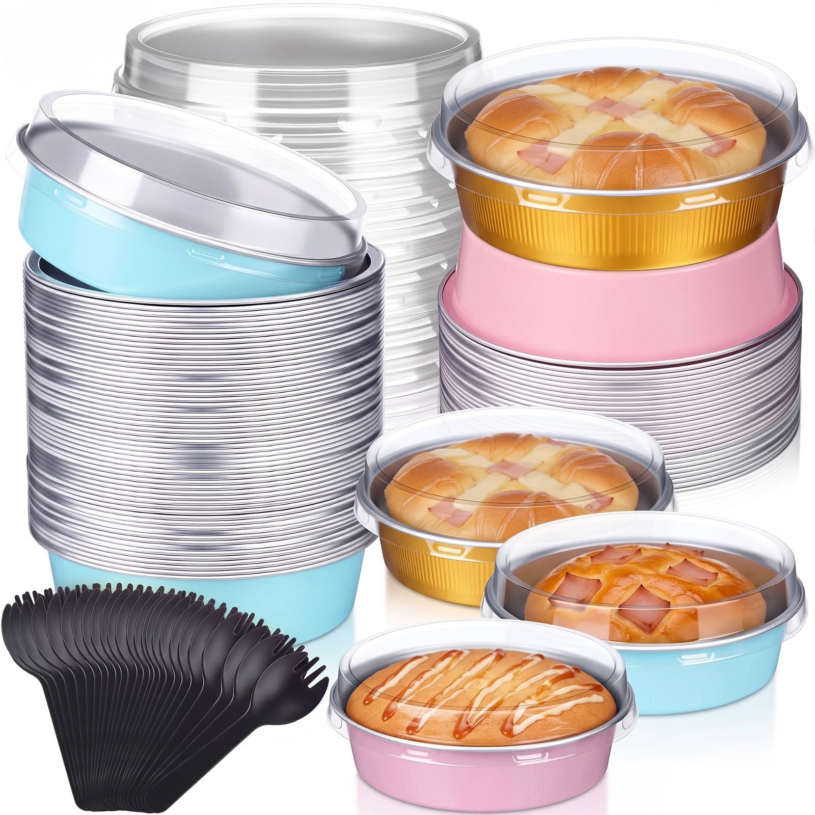 Aoibox  8 oz Disposable Aluminum Foil Mini Cake Baking Pans with Lids and Spoons for Parties 60 Pack 3 Colors