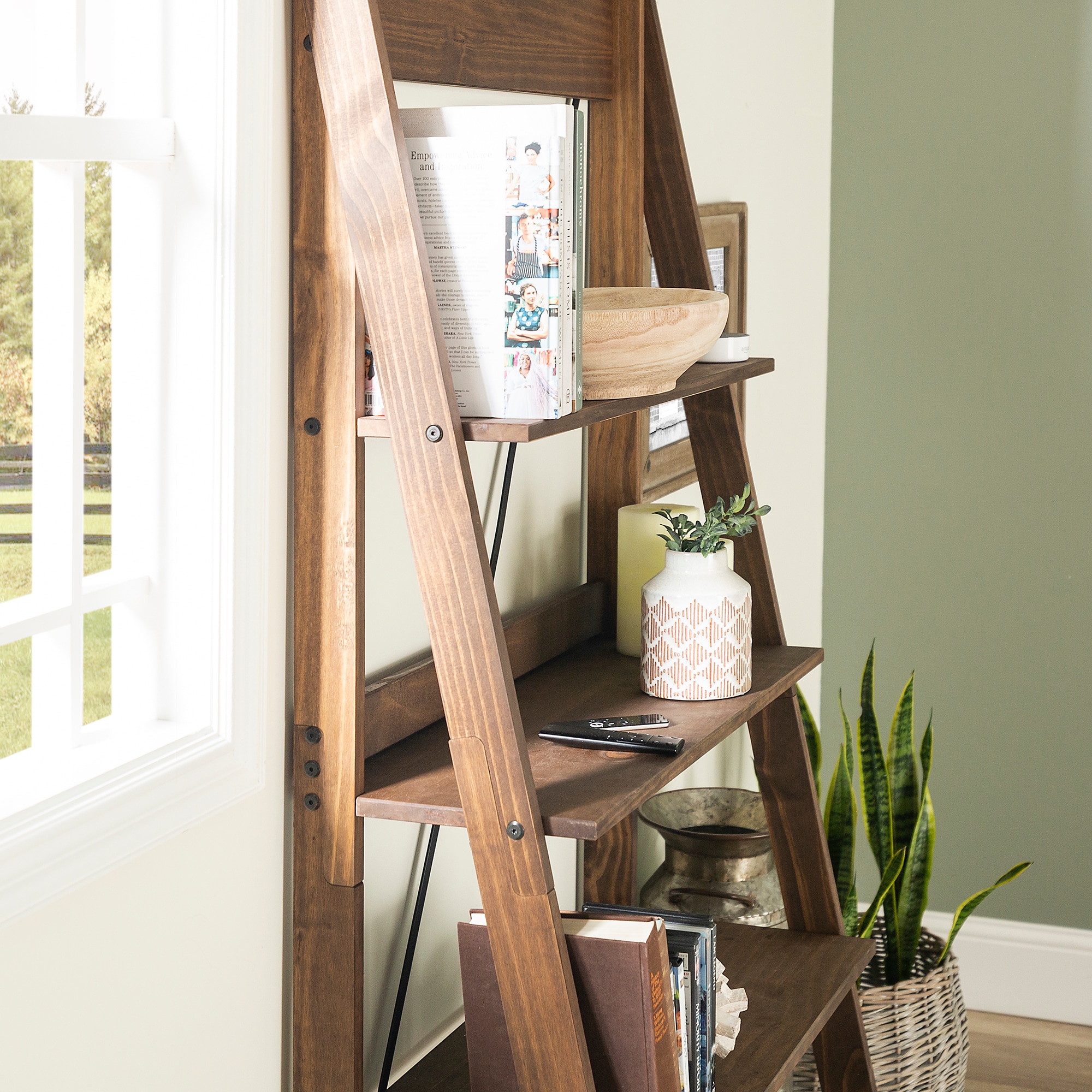 Walker Edison 68 Solid Wood Ladder Bookshelf - Grey