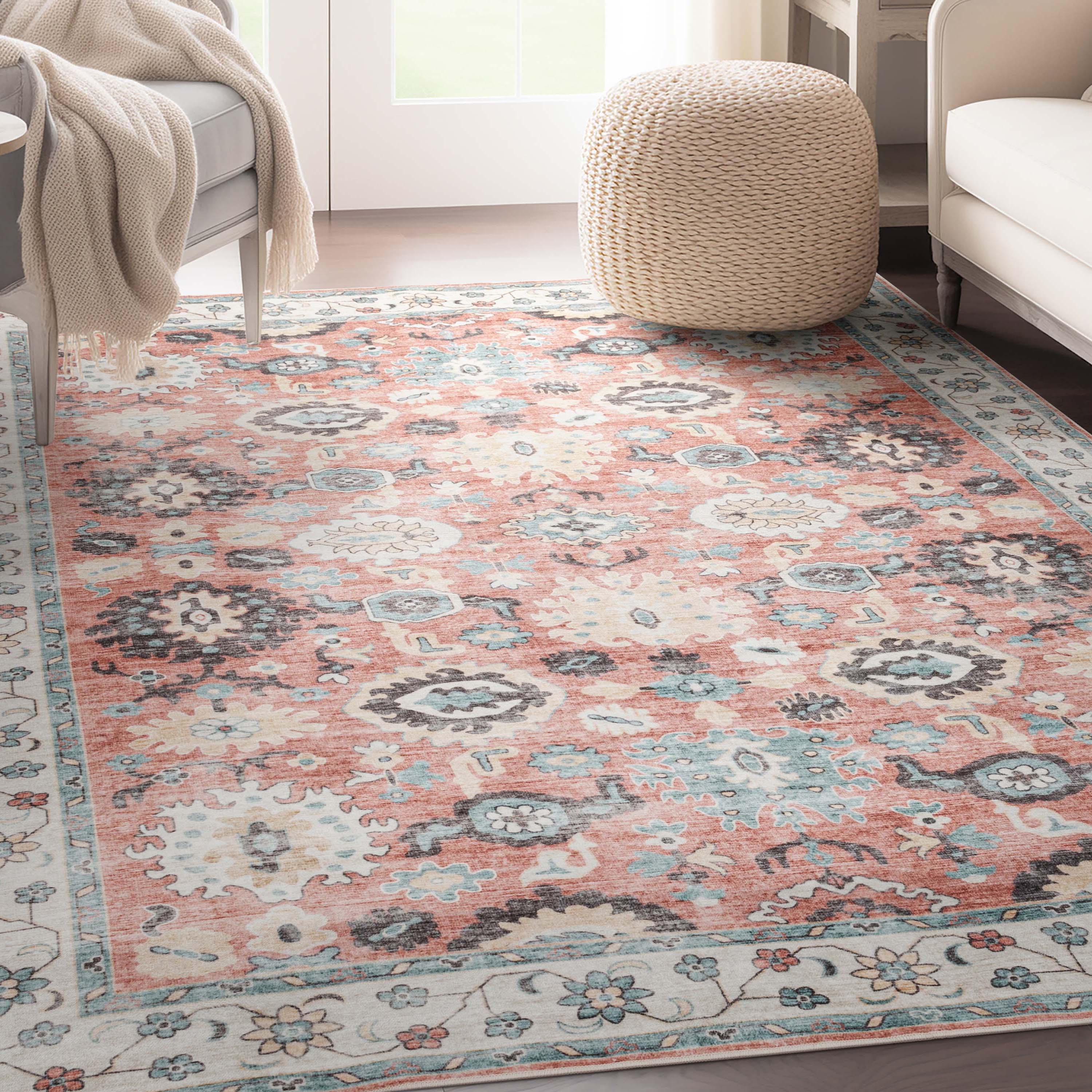 Well Woven EBP-30-7 Elle Basics 8 x 10 (ft) Flatweave Polyester Coral Rectangular Indoor Floral/Botanical Oriental Area rug