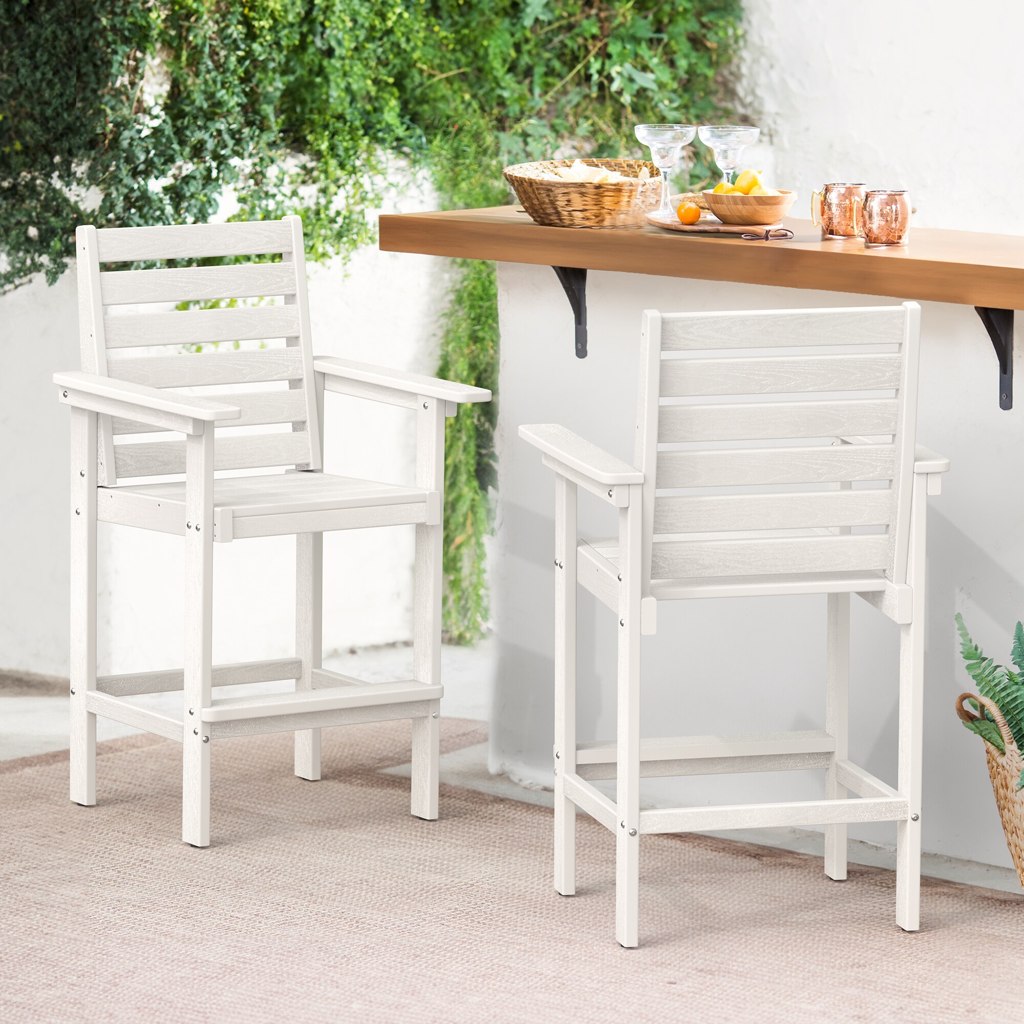 LUE BONA 2LB23DC0008-200LS Set of 2 White HDPE Frame Stationary Bar Stool Chair with Slat Seat
