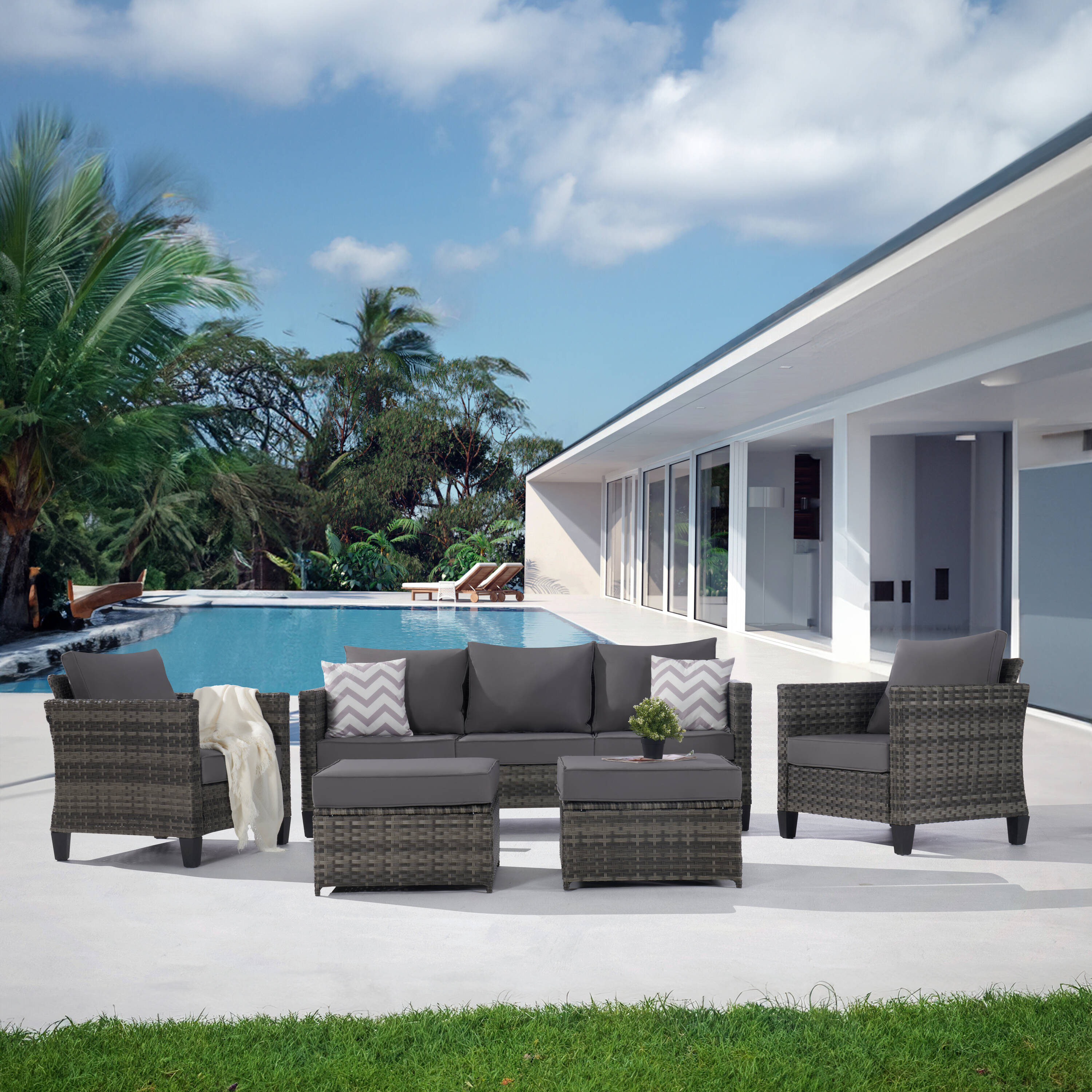 SANSTAR L-WS83LY-V2 Patio Conversation Set 5 -Piece Wicker 2 Patio Sofa Conversation Set with Gray Cushions