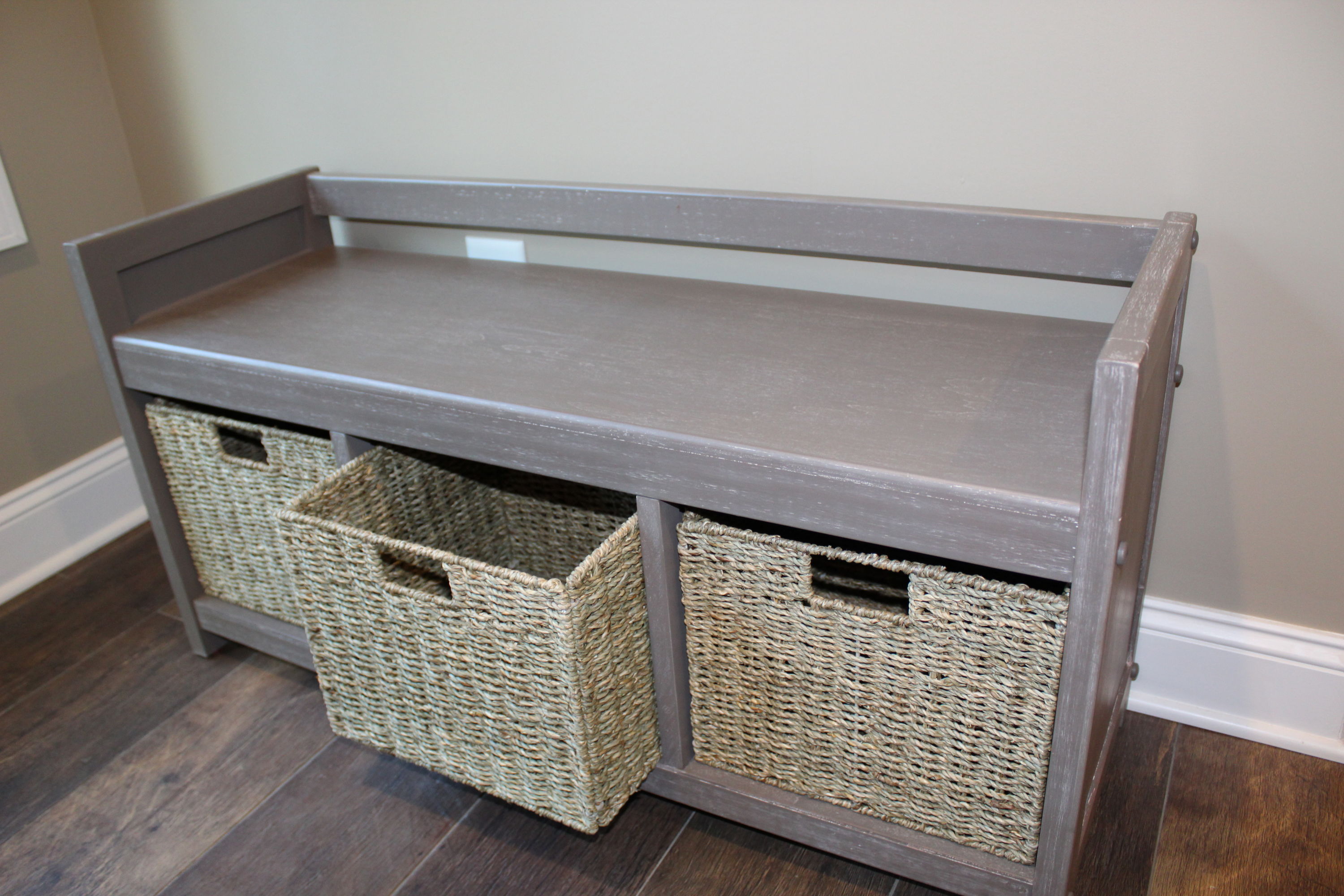 Gray Wash Entryway Bench and Storage Bins