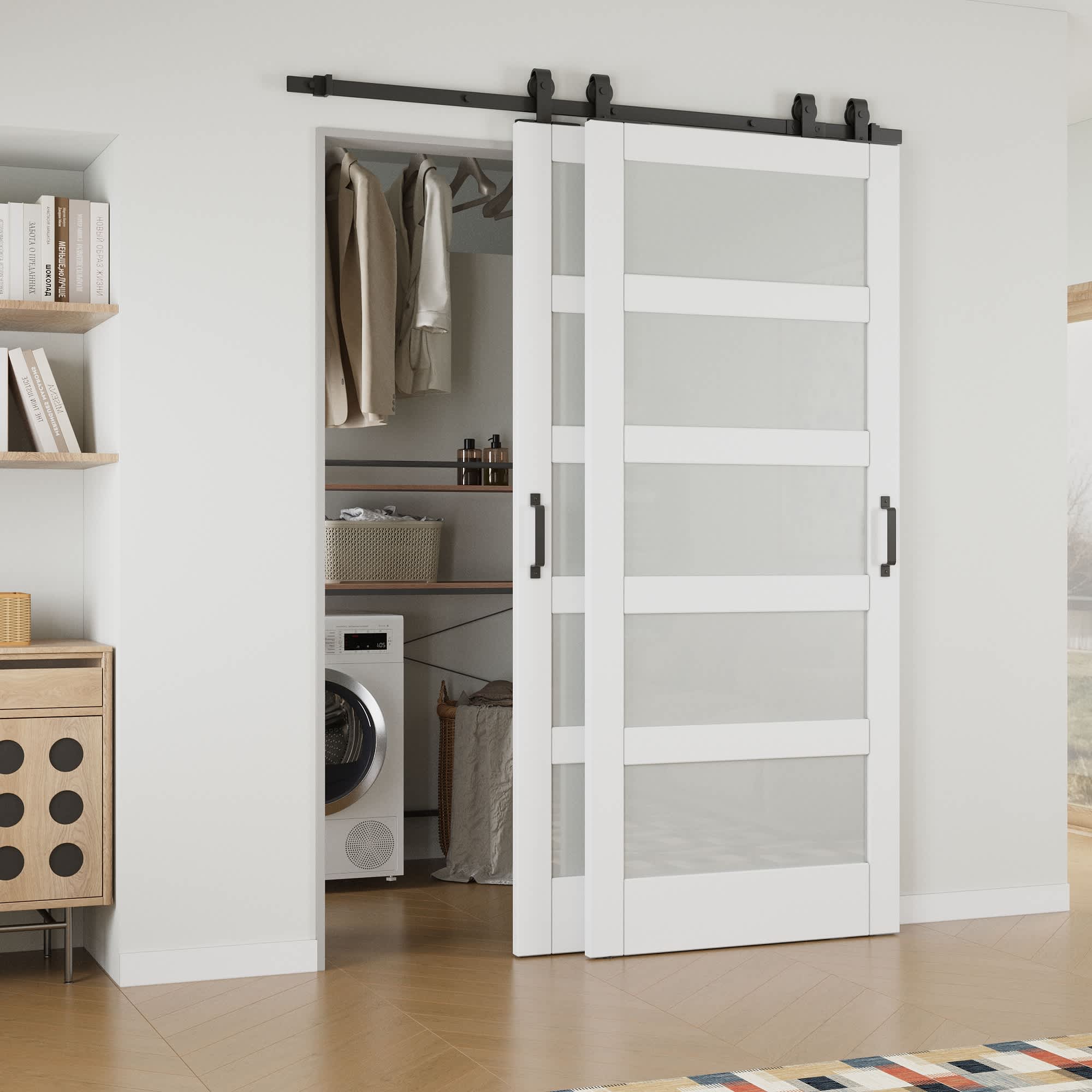 HYALON 52-in x 80-in Bypass Barn Door-5 Lite Glass White Primed Solid Core Sliding Barn Door With Installation Hardware Kit/No Assembly Required