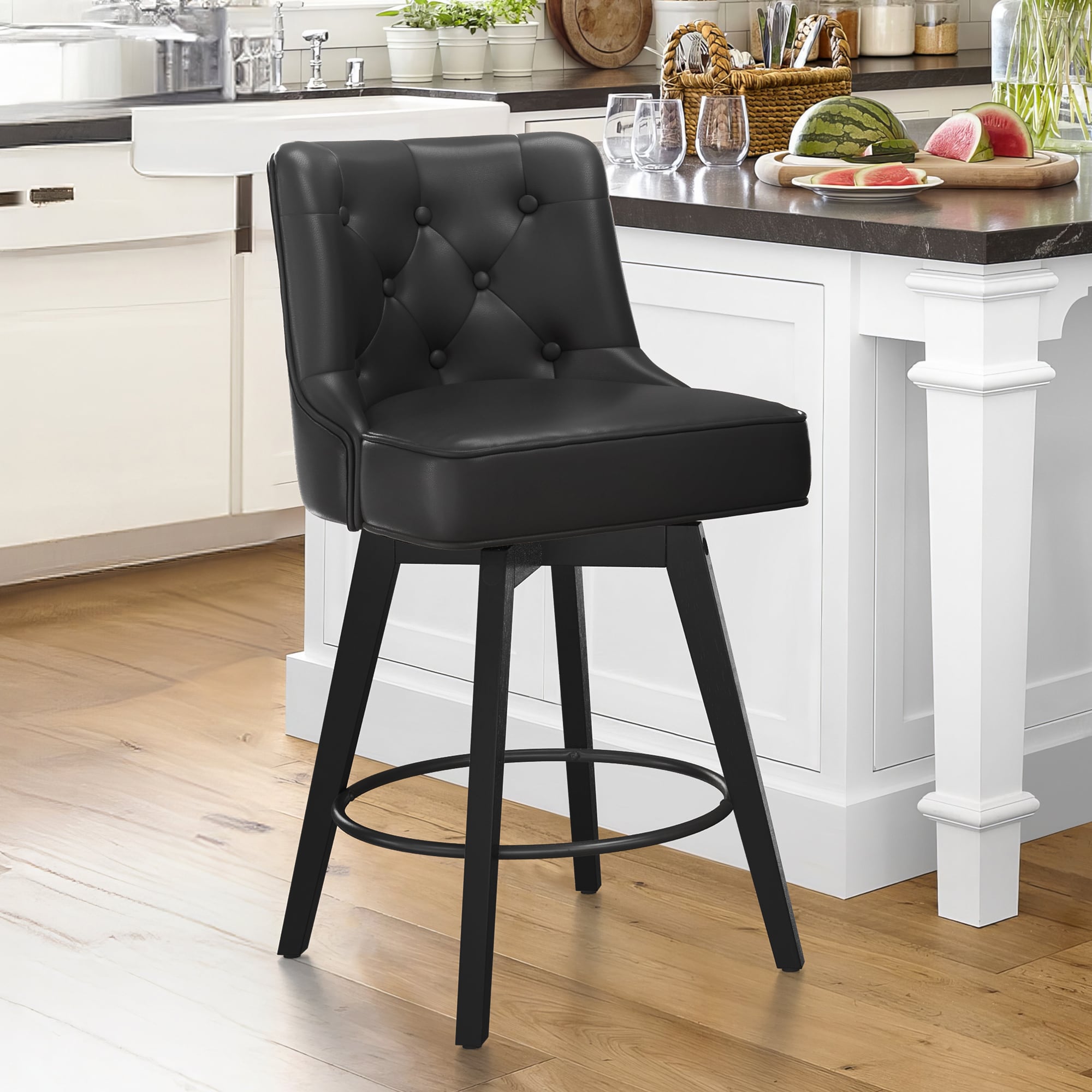 LUE BONA YB-158-03LS Black/Faux Leather 26-in H Counter height (24-in to 27-in) Square Seat Upholstered Swivel Wood Back Bar Stool Back