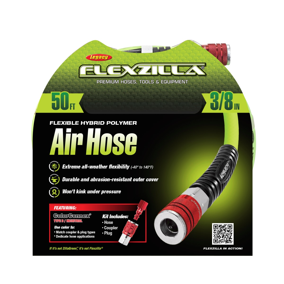 Flexzilla Air Hose, 3/8-in x 50-ft, with Colorconnex Coupler and 