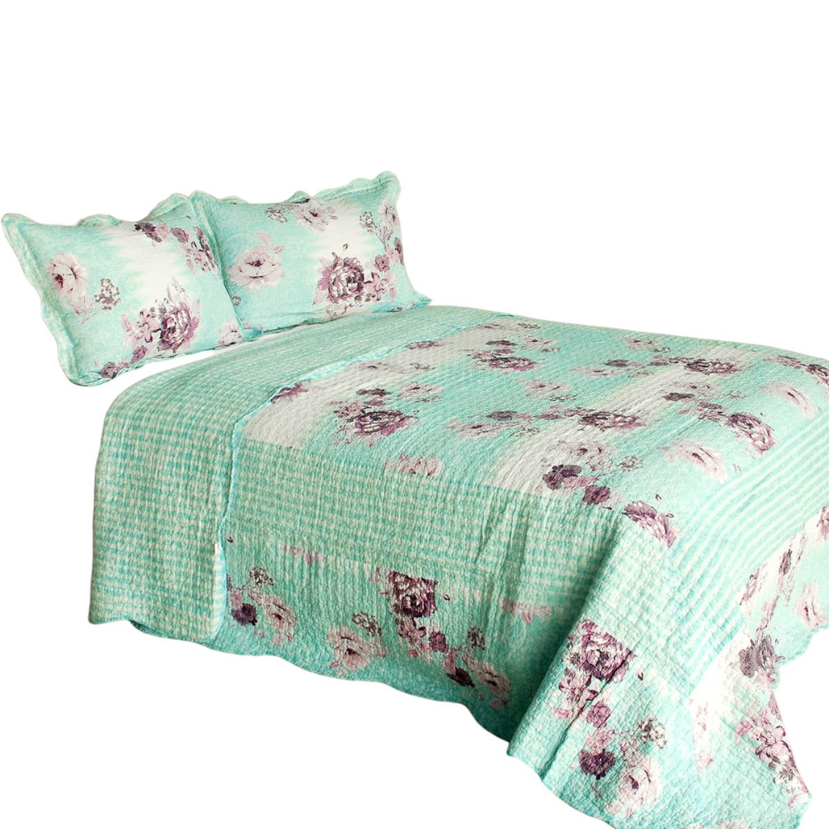 Slickblue - 3-Piece Blue Full/Queen Cotton Floral Quilt Bedding Set for Bedroom and Guest Room
