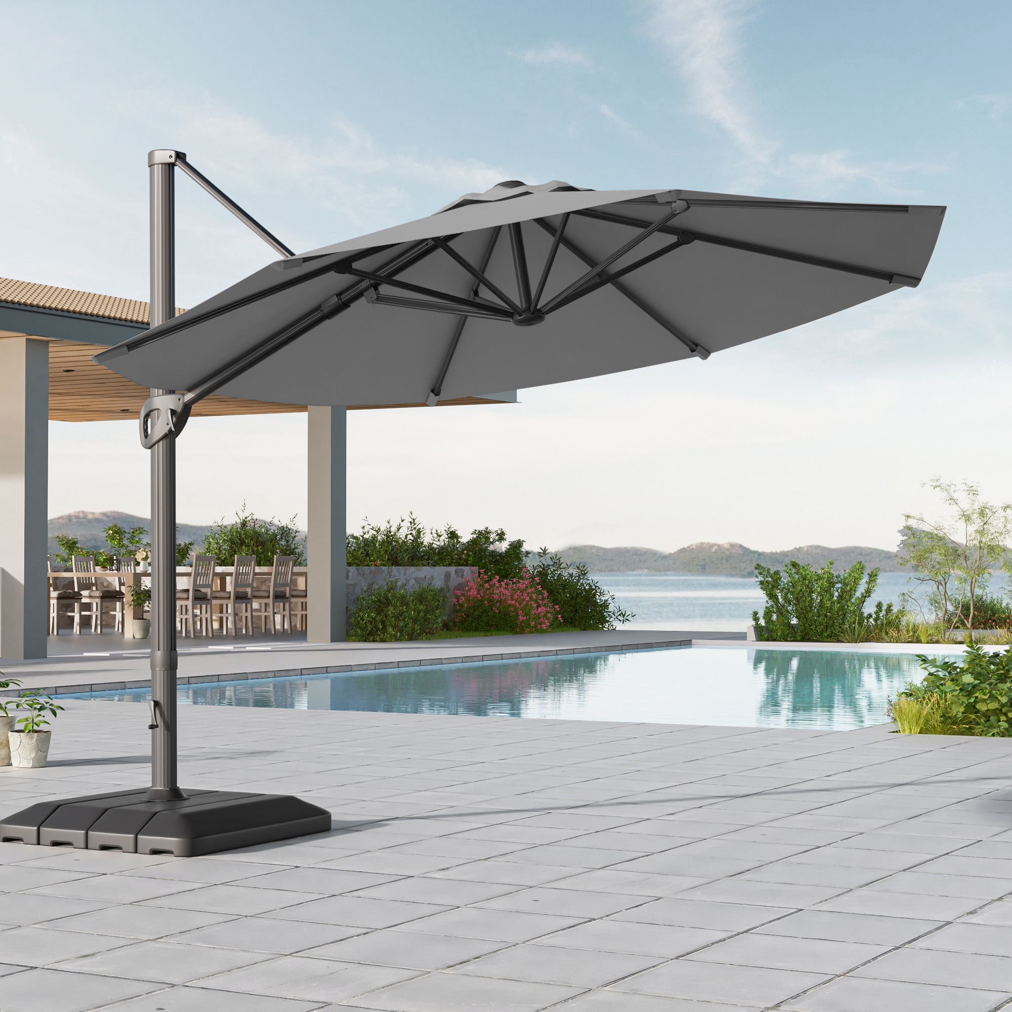 ACEGOSES LW-1159RD-LED-WB 11-ft Aluminum Red No-tilt Cantilever Patio Umbrella with Base