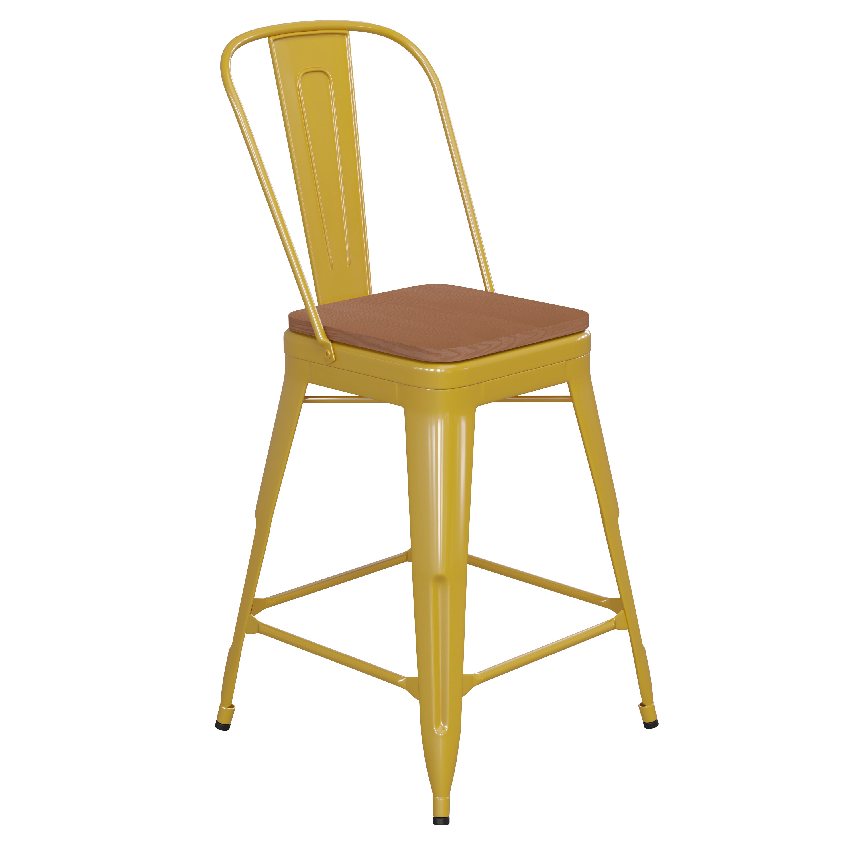 Flash Furniture 196861049330 Kai Commercial Grade 24-in High Yellow Metal Indoor-Outdoor Counter Height Stool with Removable Back and Teak All-Weather Poly Resin Seat