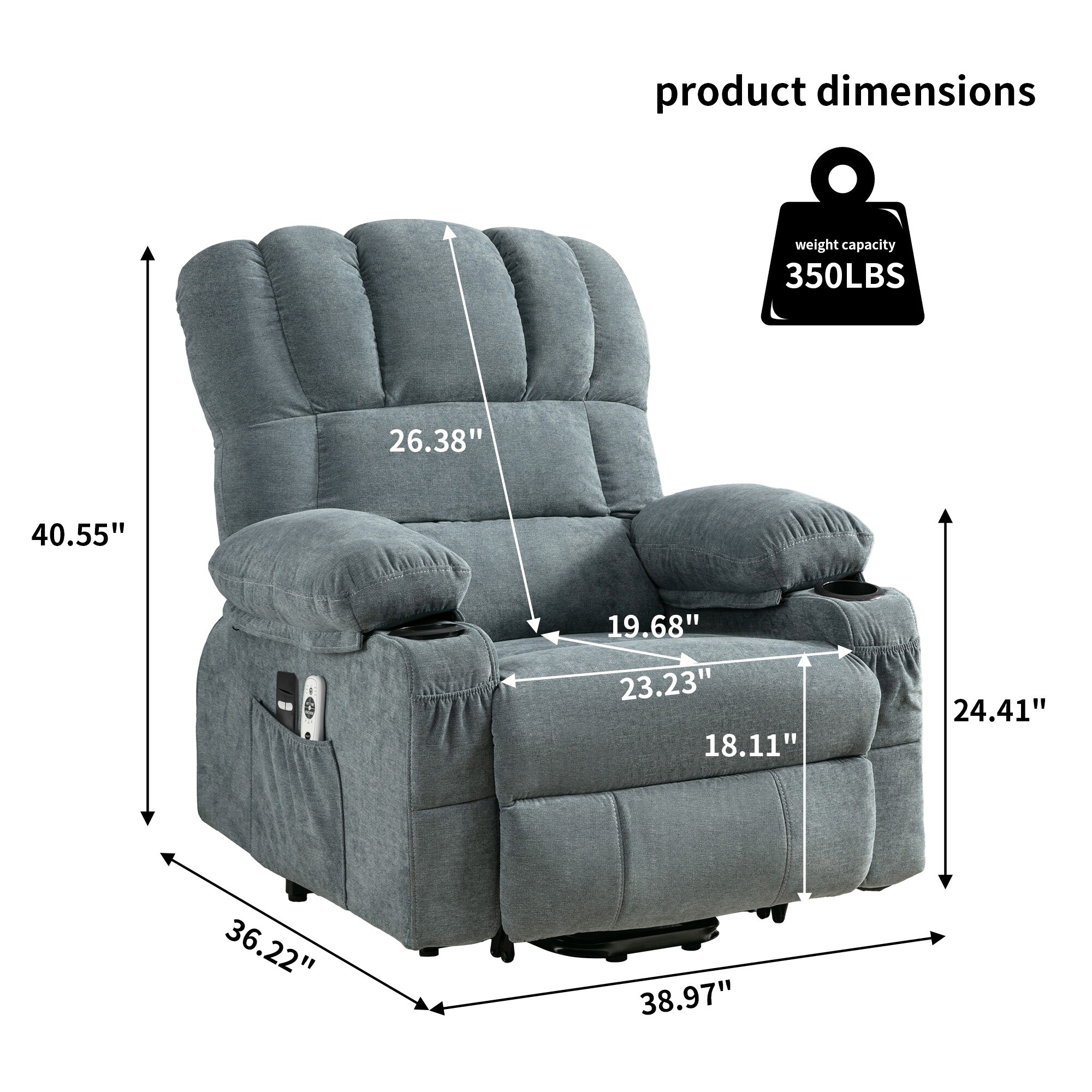 Dimensions and weight capacity diagram for the recliner