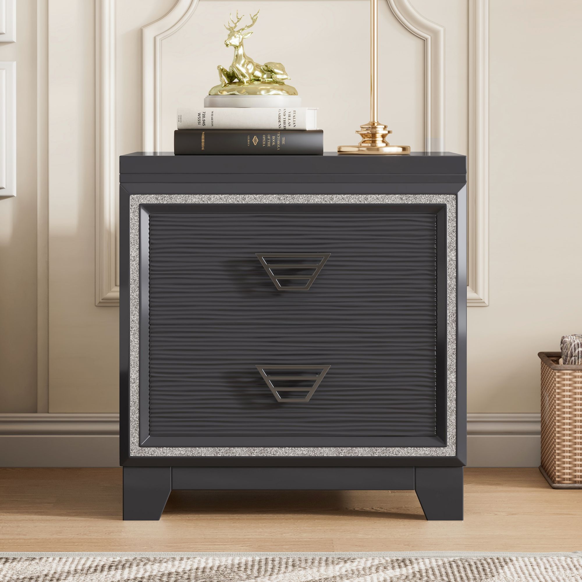 Front view of Yiekholo nightstand showing two drawers with textured fronts and metallic handles