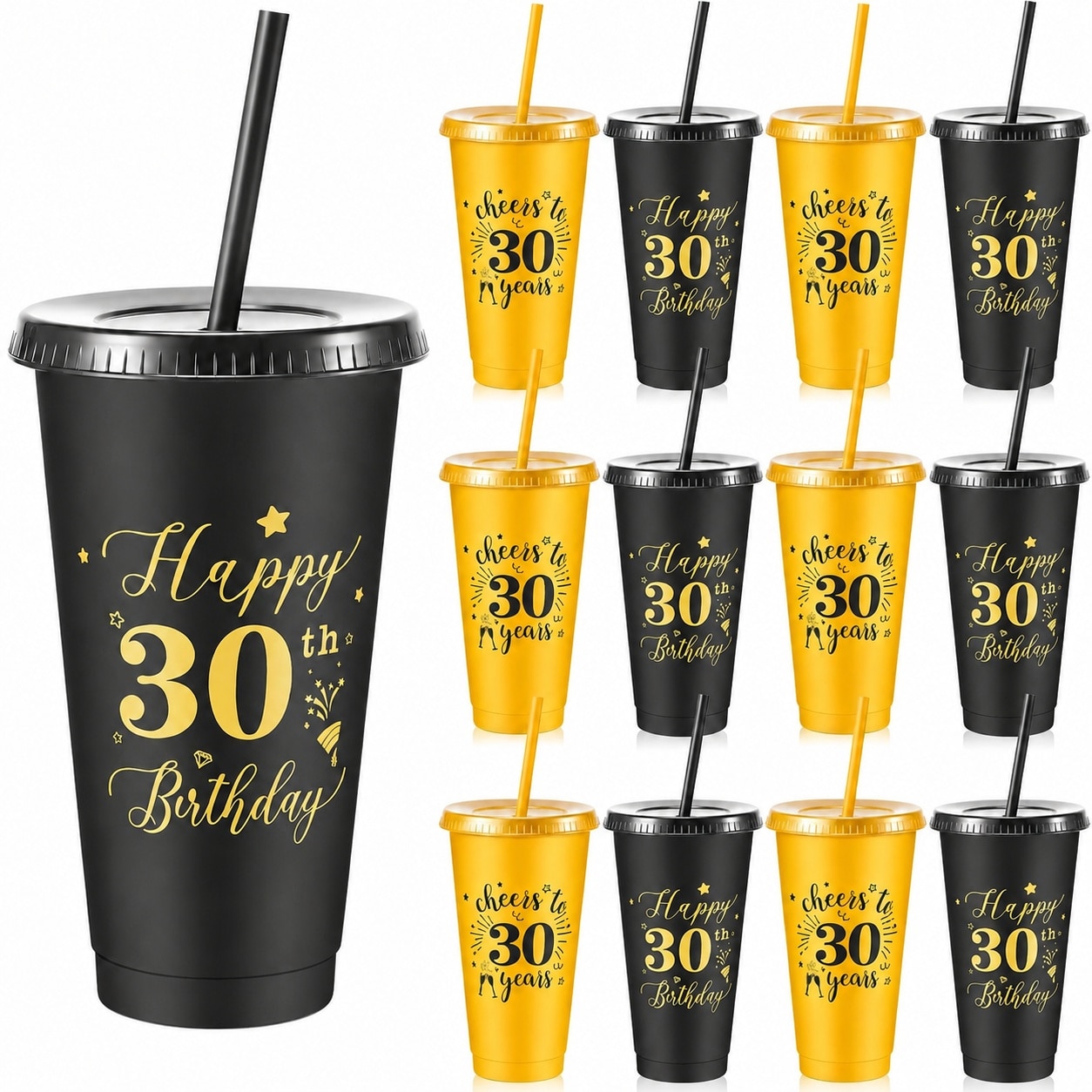 Aoibox  30th Birthday 12 Piece 24 oz Black and Gold PP Plastic Tumblers with Lids and Straws Sports Themed